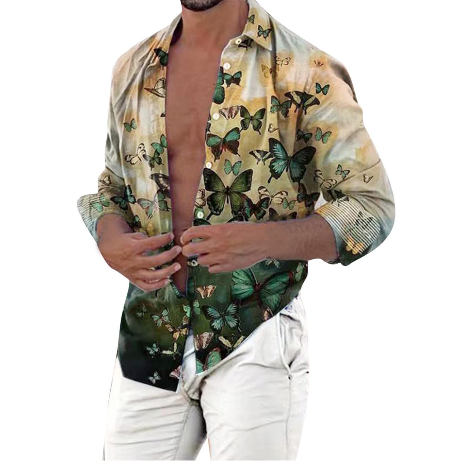 Men's Linen Long Sleeve Button Down Shirt - Breathable Summer Casual Beach Shirt for Big & Tall - Hippie Style Tops for Outdoor Music Festivals & Vacation Wear