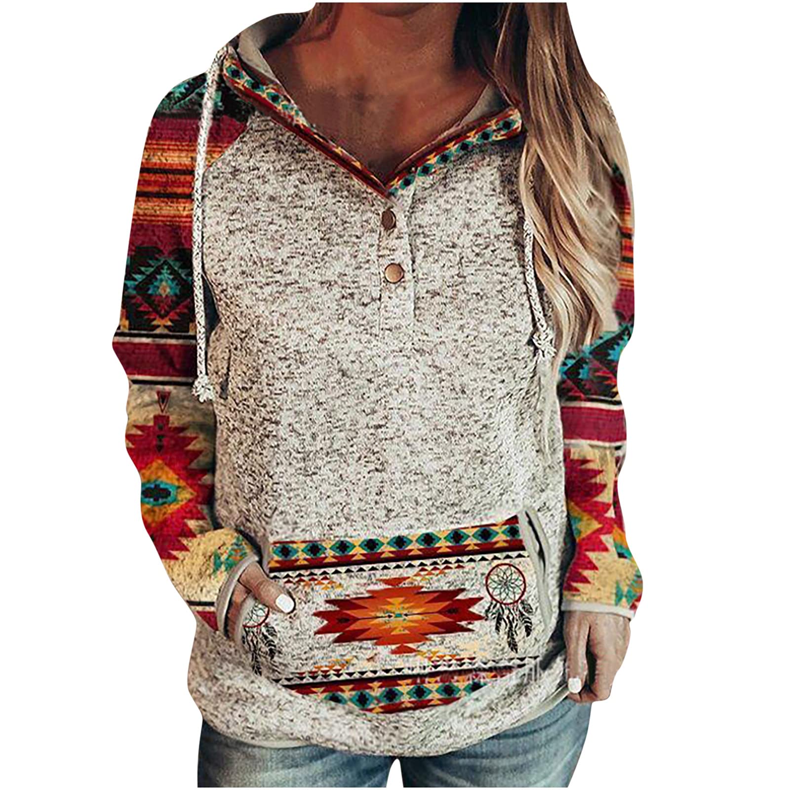Women's Color Block Hooded Sweatshirt - Long Sleeve Snap Neck Pullover with Drawstring & Pocket - Boho Chic Grid Pattern Shirt Blouse for Casual Wear, Street Style & Fall Layering