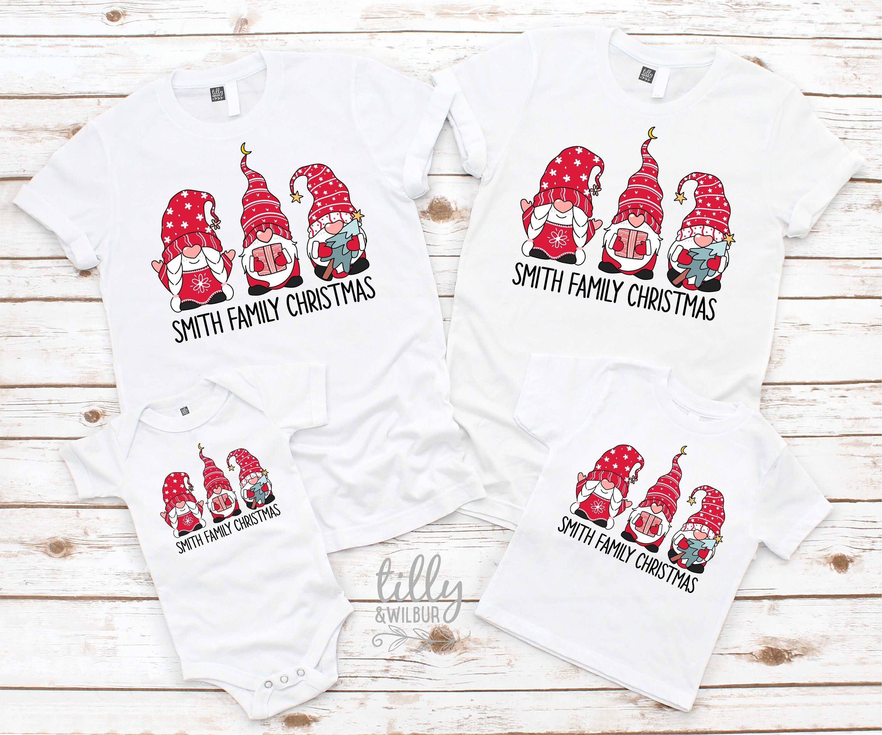 Personalized Surname Gnome Family Christmas T-Shirts - Multiple Colors Available - Perfect for Holiday Gatherings & Family Photos