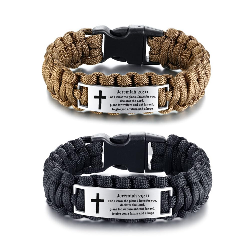 Stainless Steel Bible Verse Bracelet for Men - Outdoor Survival Paracord Cuff - Baptism Gift for Dad, Husband, Boyfriend