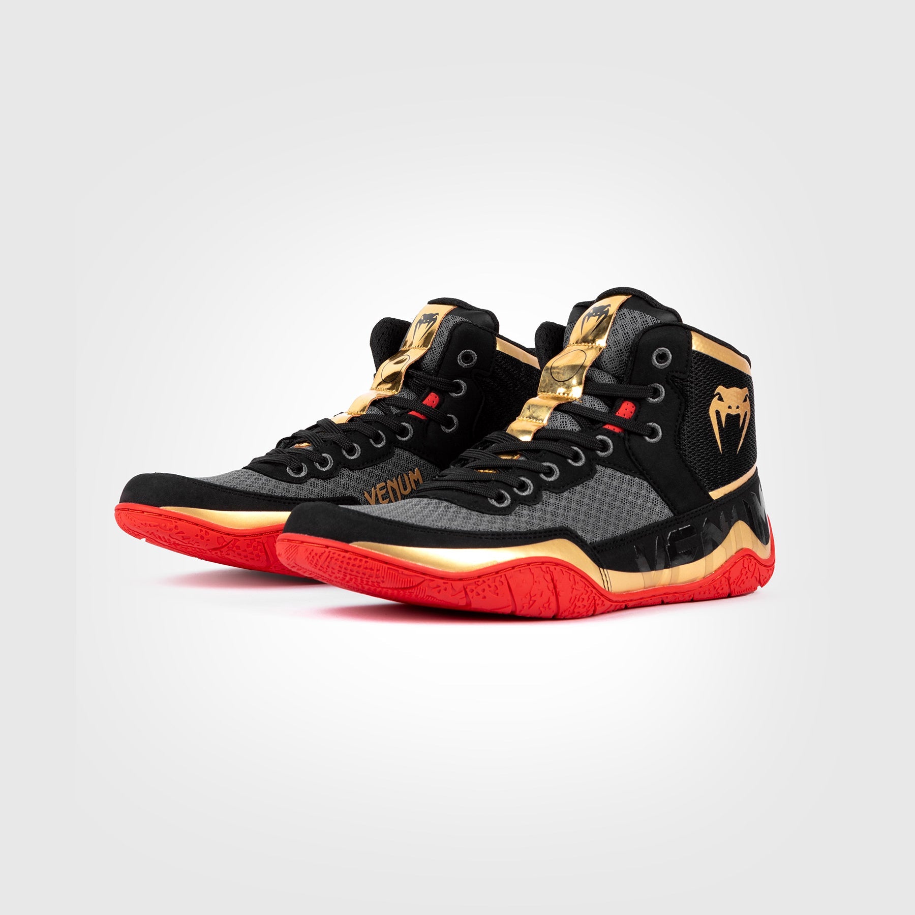 Venum Elite Wrestling Shoes for Men - Black, Gold & Red - High-Performance Grappling Footwear for MMA, BJJ & Wrestling Training
