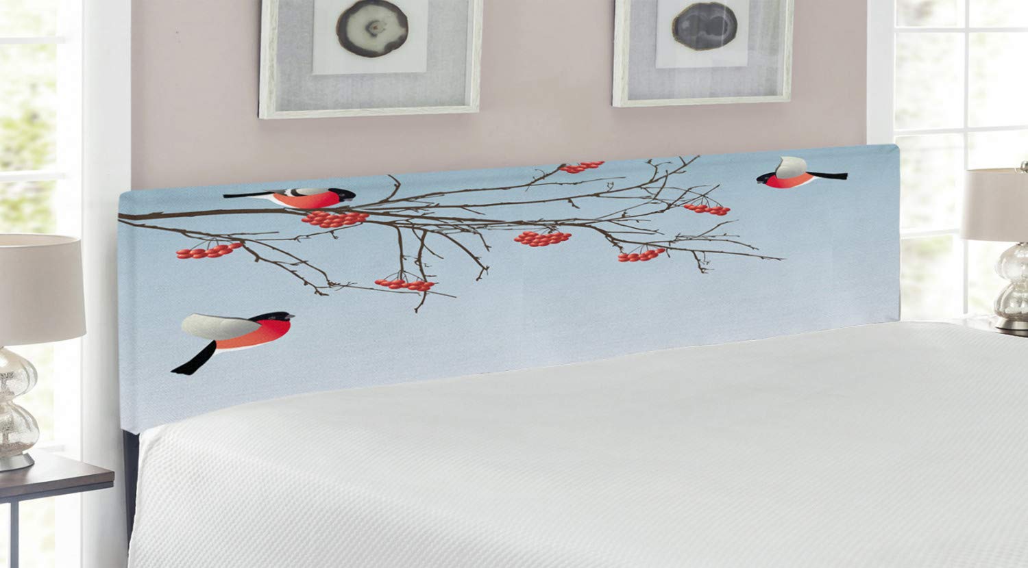 Ambesonne King Size Upholstered Headboard with Memory Foam - Winter Themed Bullfinch Birds Flying on Branches Design in Dark Brown & Pale Blue | Perfect for Bedroom Decor, Guest Rooms & Cozy Winter Styling
