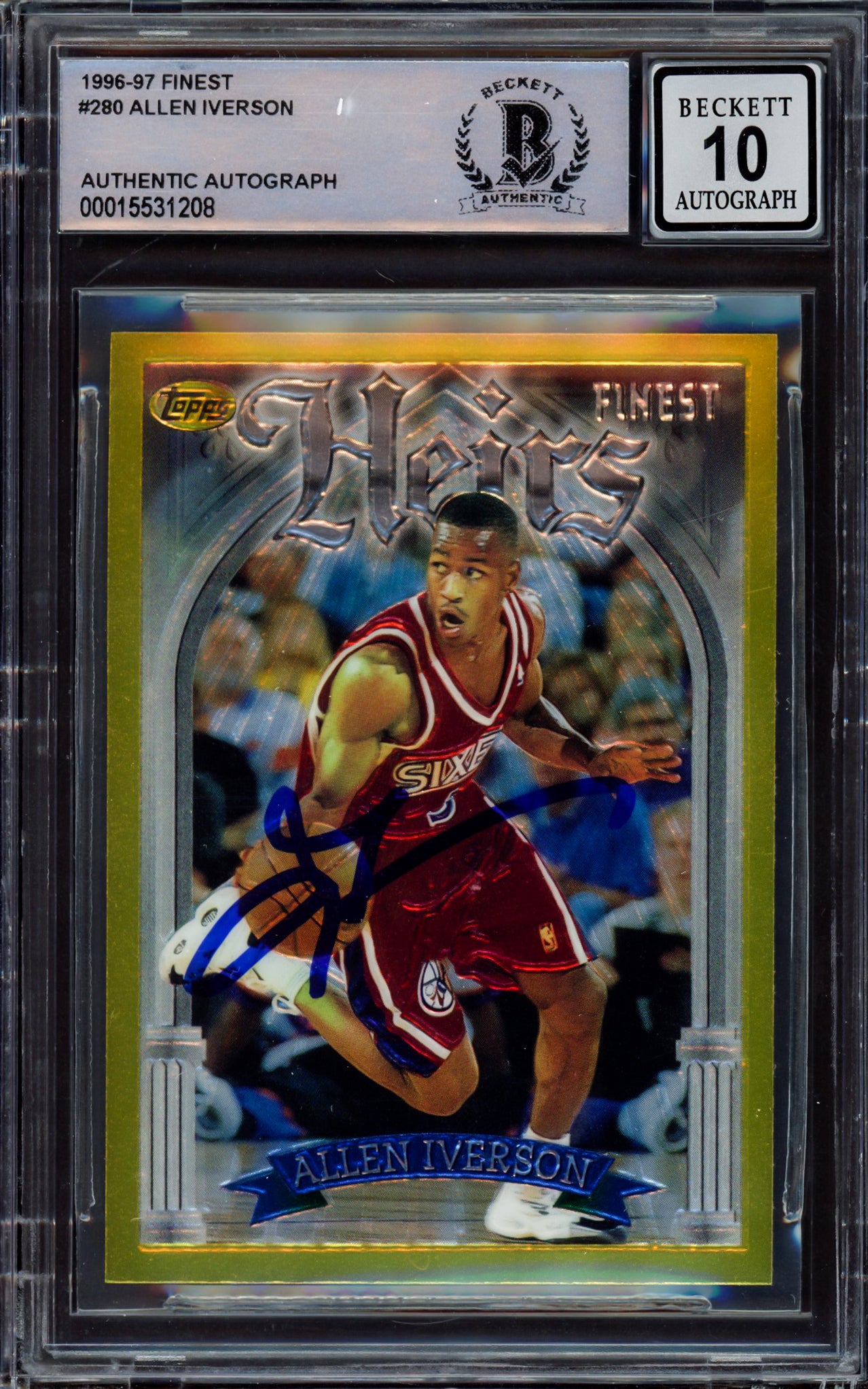 Allen Iverson Autographed 1996-97 Finest Gold Rookie Card #280 Philadelphia 76ers - Beckett BAS #15531208 Gem Mint 10 - NBA Collectible for Sports Memorabilia Fans & Display