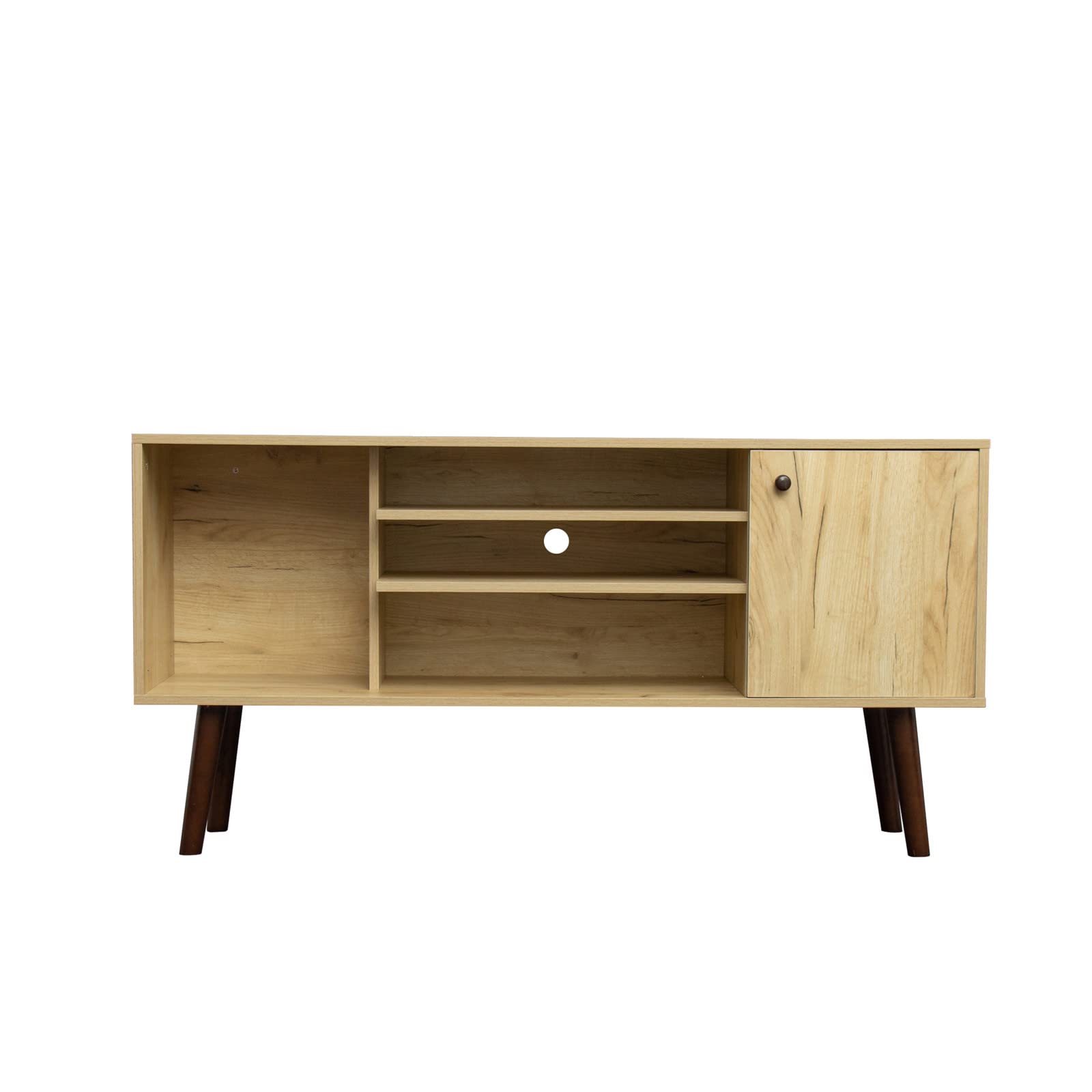 Mid-Century Modern TV Stand for 55 Inch TVs - Rustic Oak Entertainment Center with Open Storage Shelves & Cabinets - Stylish Living Room TV Console for Home Theater Setup