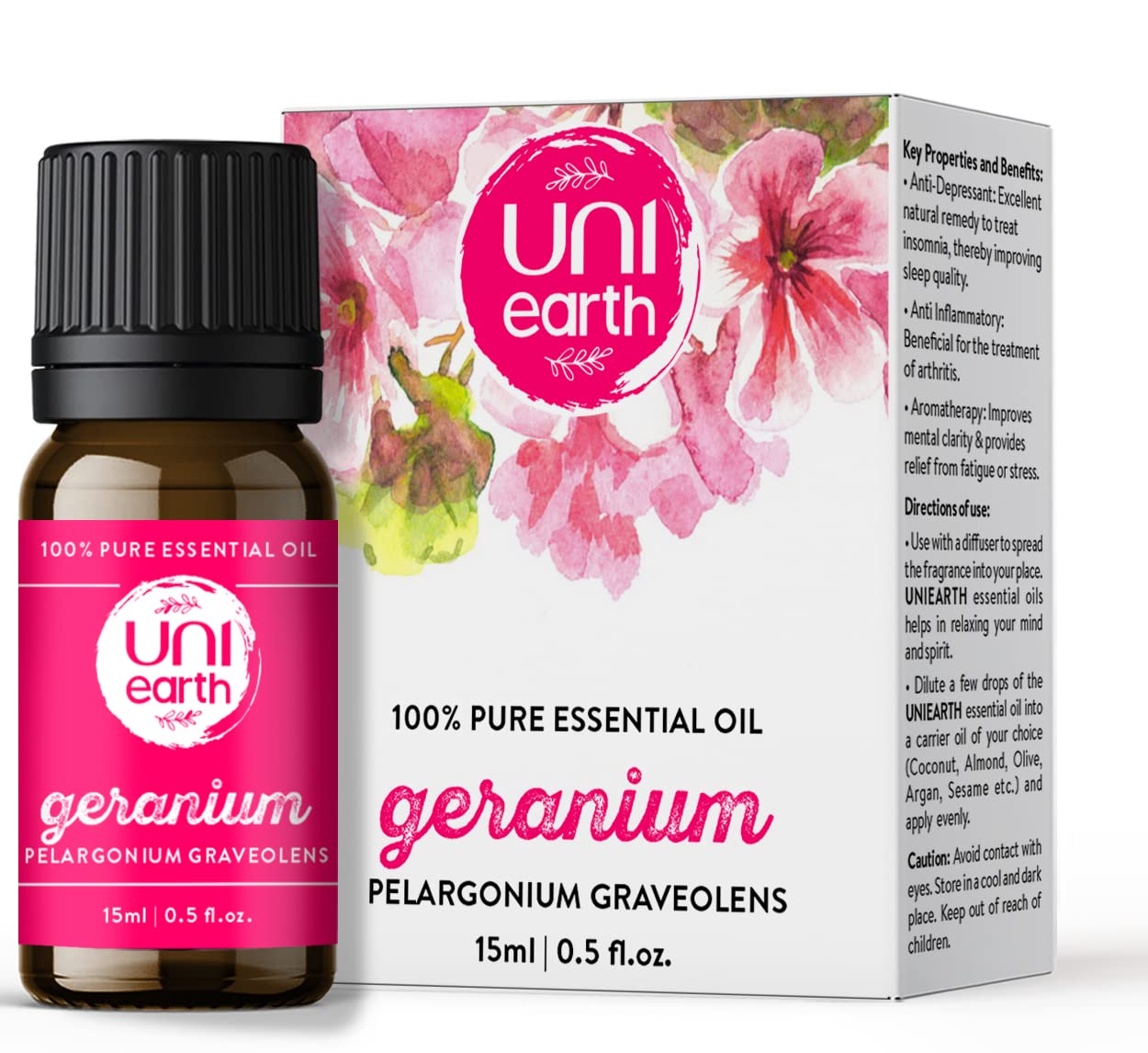 Uniearth 100% Pure Therapeutic Grade Geranium Essential Oil - 15mL for Skin & Hair Care, Reduces Acne & Hair Loss, Fades Age Spots & Scars | Natural Insect Repellent | Perfect for Aromatherapy, Massage & DIY Beauty Products