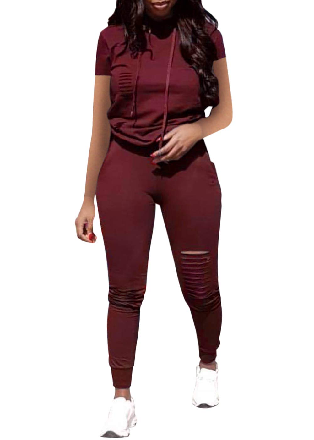 Women's Casual 2-Piece Sport Outfit Set - Short Sleeve Ripped Hole Pullover Hoodie & Sweatpants | Gym Workout, Running, Yoga & Lounge Wear