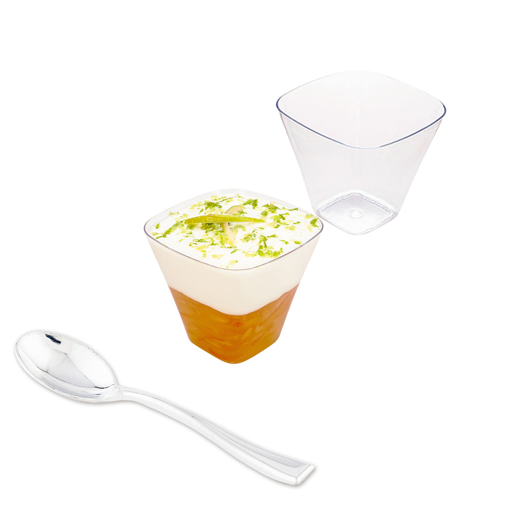 100 Pack 4 oz Square Clear Plastic Bellissima Tasting Cups with 100 Silver Mini Plastic Spoons - Perfect for Wine Tasting, Dessert Sampling & Party Appetizers