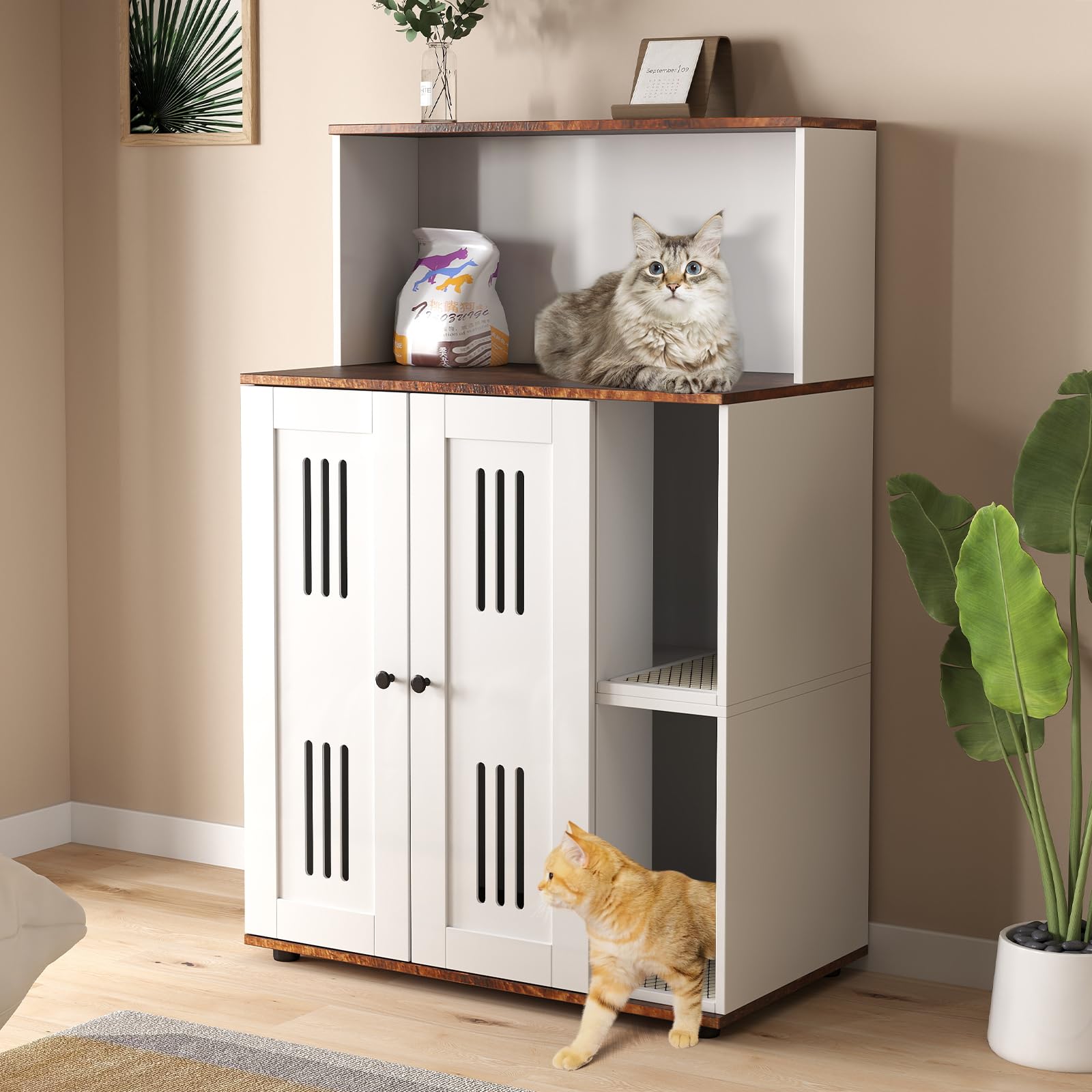 Double Cat Litter Box Enclosure Cabinet for 2 Cats - Hidden Litter Box Furniture with Storage Shelf & Scratch Mat - Fits Most Litter Boxes (White) - Perfect for Small Spaces & Multi-Cat Homes