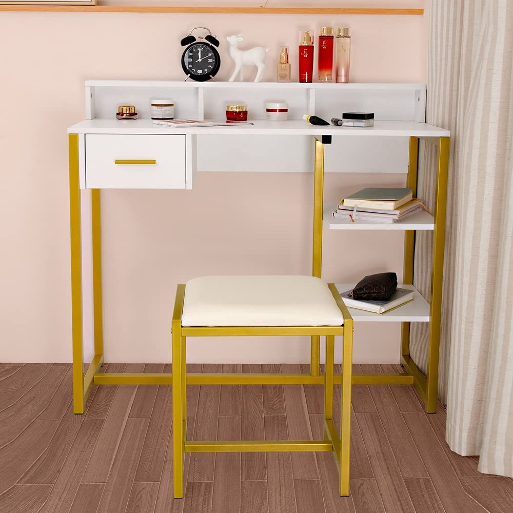 XIEJING White Vanity Table with Round Mirror - Single Drawer 2-Tier Steel Frame Dressing Table for Bedroom Makeup & Beauty Organization