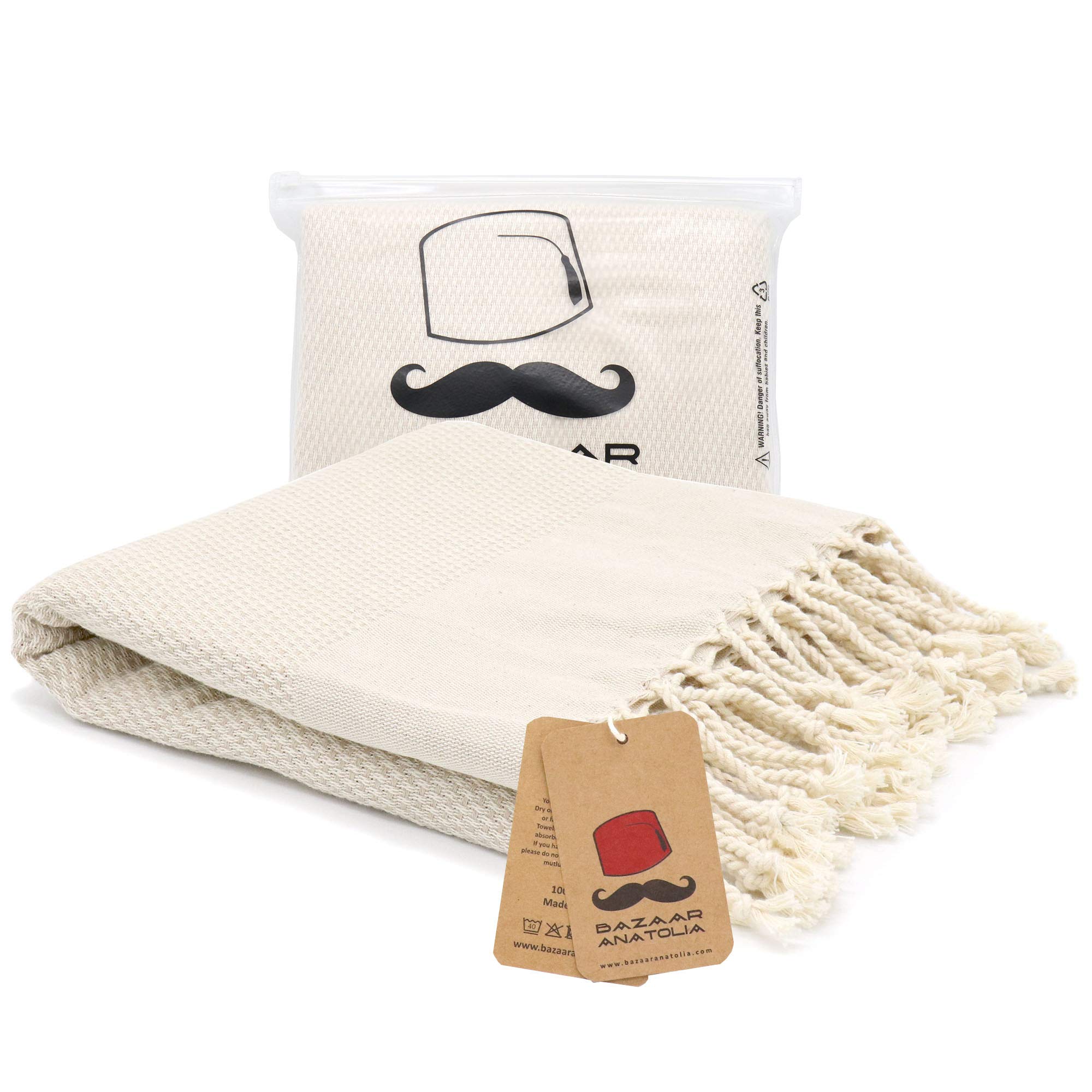 Bazaar Anatolia 100% Cotton Acacia Turkish Beach Towel - Oversized 77x38 Inches, Quick Dry, Soft & Absorbent - Perfect for Pool, Gym, Sauna, Travel, Camping & Boho Farmhouse Decor (Cream)