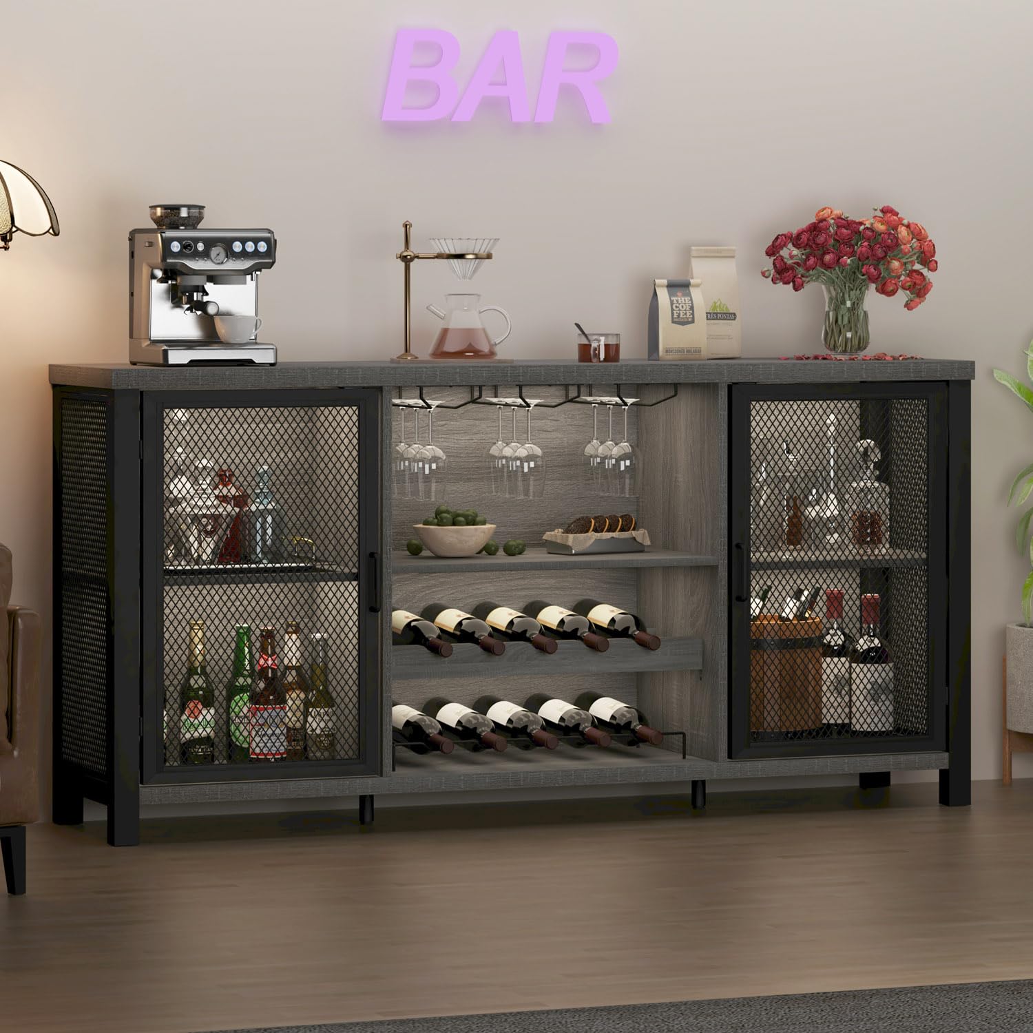 Industrial Coffee Bar Cabinet with Storage Rack - Rustic Light Gray Oak Sideboard Buffet for Liquor, Wine & Glasses - 55 Inch Kitchen Dining Room Console for Home Entertaining & Hosting Parties