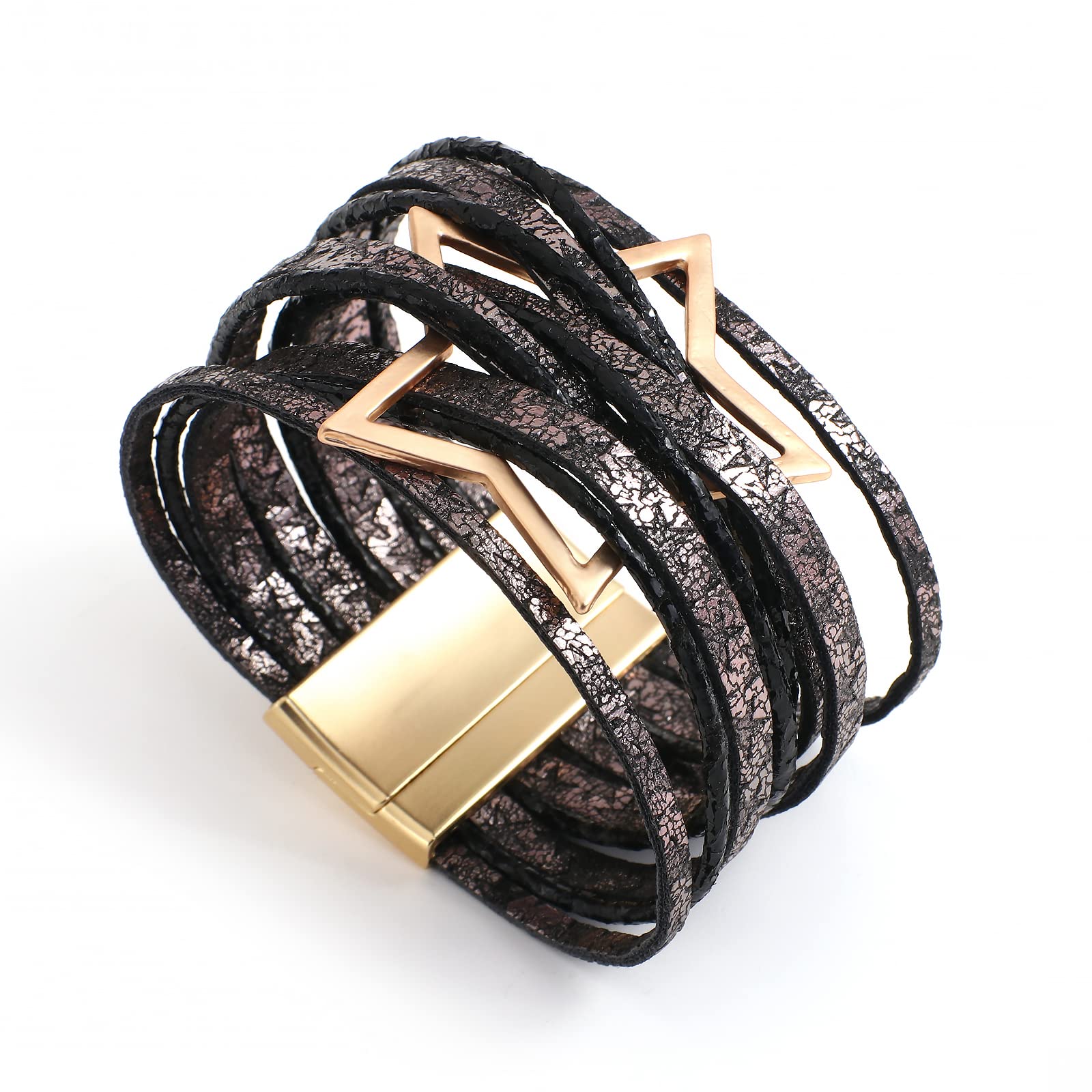 Handmade Boho Leather Bracelets for Women - Gold Tone Star Charm Wrap Bracelet with Magnetic Clasp, Stackable Layered Jewelry for Summer Beach & Festival Outfits