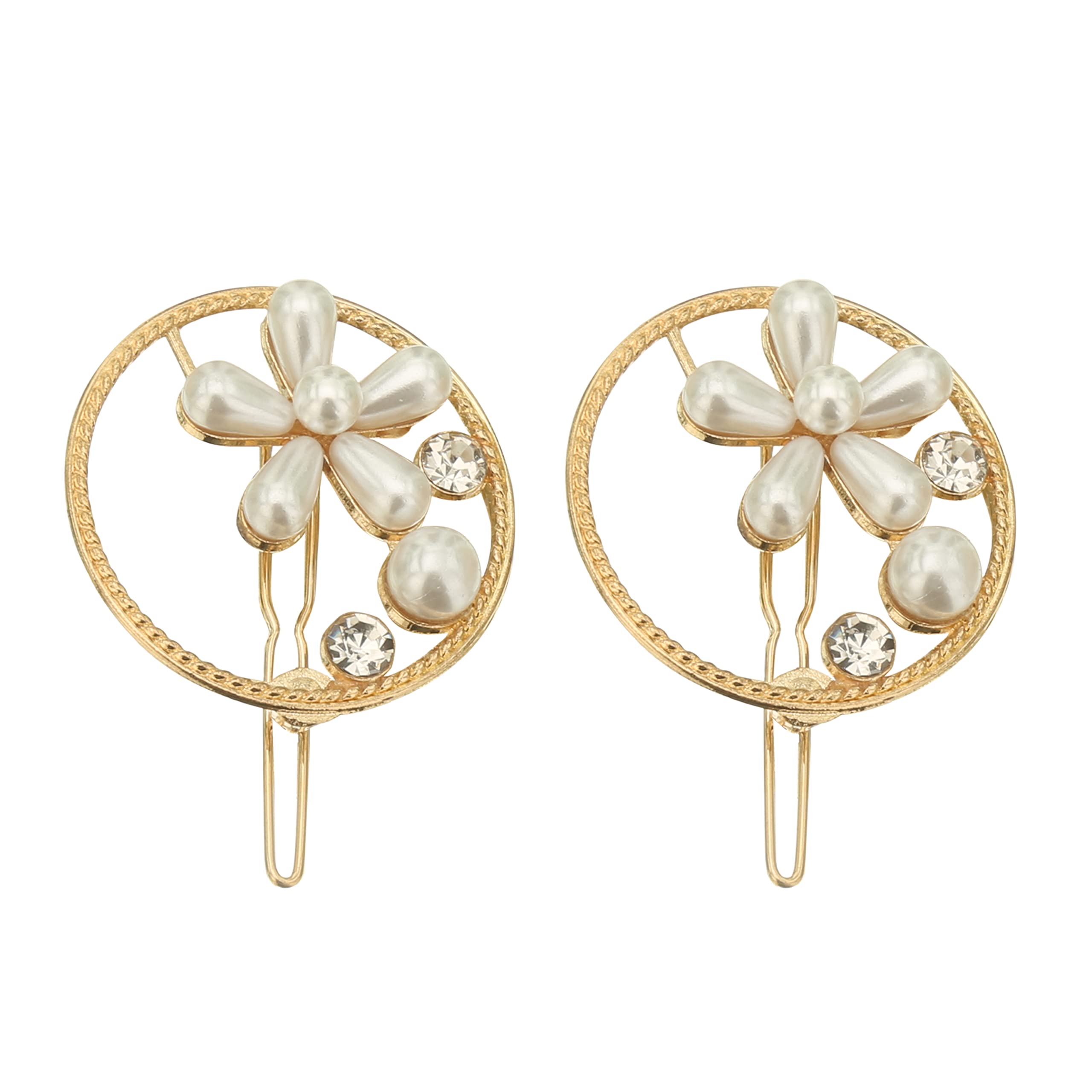 HOC® Pearl Rhinestone Hair Clips for Women - Round Crystal Hairpins & Barrettes for Wedding, Anniversary, Prom - 2 Pack Gold Hair Accessories (Perfect for Bridal, Party, and Special Occasions)
