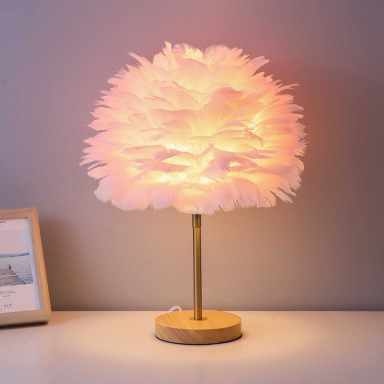 Feather Table Lamp with Plug-in Wire - Wooden Base Bedside Lamp for Bedroom, Nightstand, Desk - Perfect for Home Decor, Reading & Relaxation