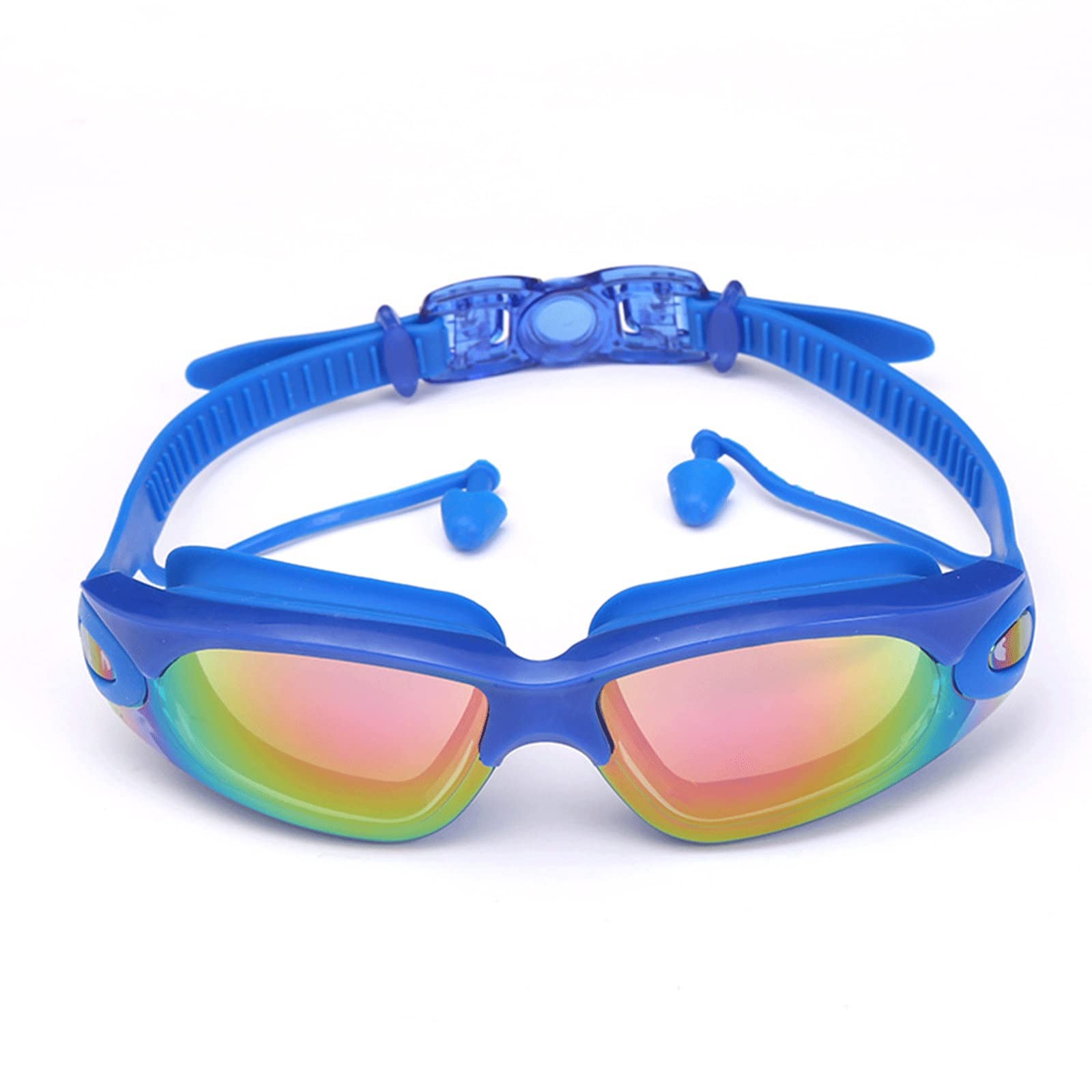 Feijia Anti-Fog Swimming Goggles with Adjustable Strap - Ergonomic Design, UV Protection for Swimming, Surfing & Kayaking - Comfortable One-Piece Electroplated Goggles with Earplugs (Blue) - Perfect for Pool Training, Beach Activities & Water Sports