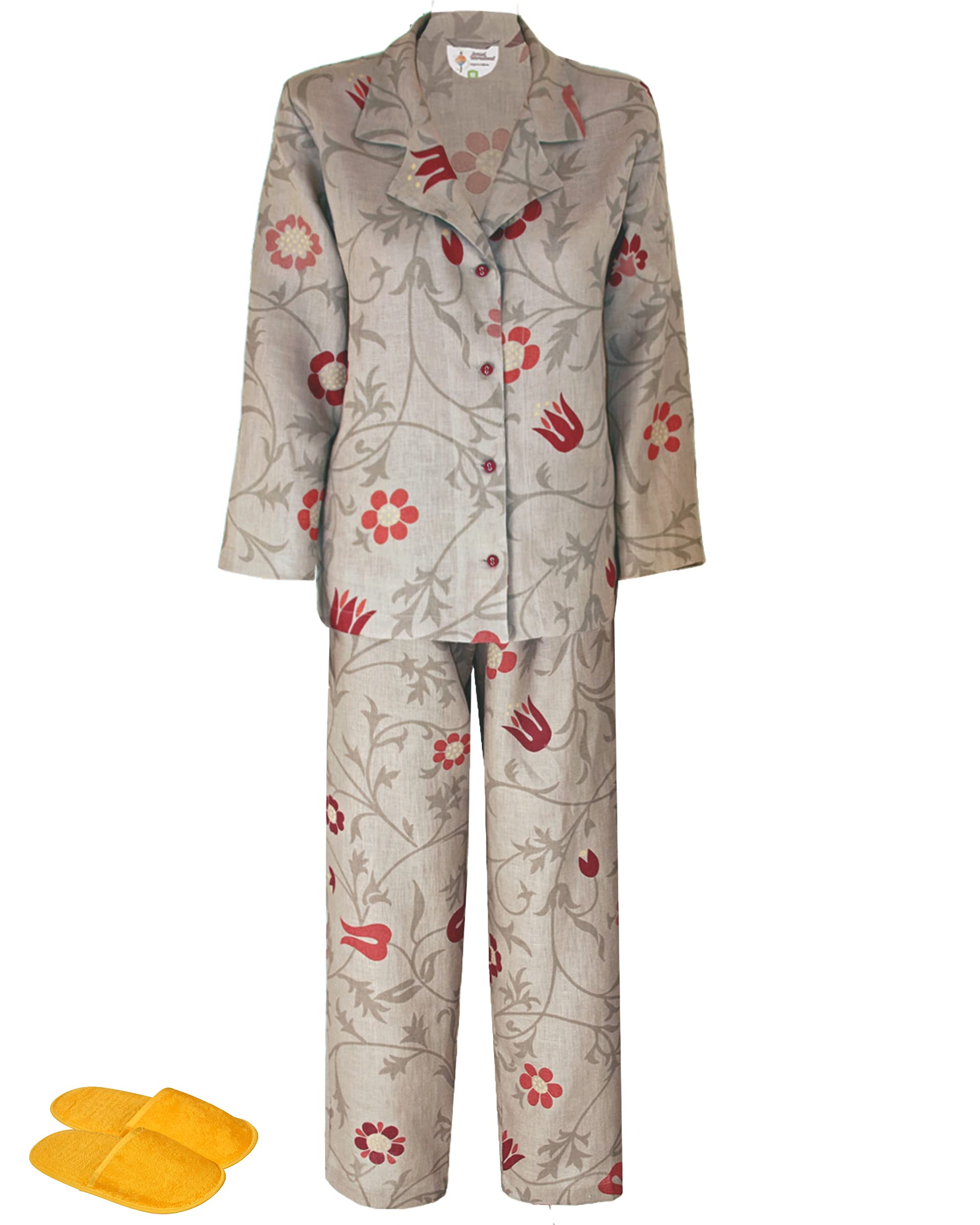 Floral Print Classic Pajama Set with Slippers - Women's Sleepwear Small to X-Large - European Tailored Cotton Pajamas for Relaxing at Home & Gift Giving