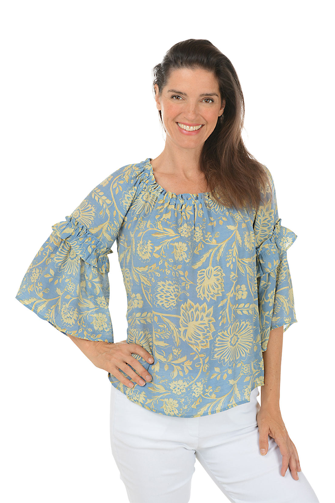 French Vanilla Damask Ruffled Bell Sleeve Blouse for Women - Elegant Floral Print Top for Office, Date Night & Special Occasions
