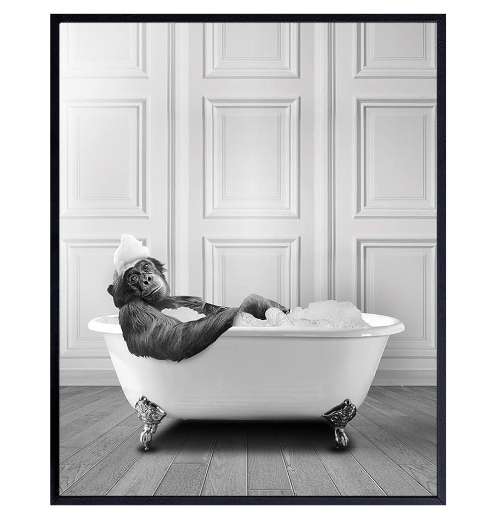 Funny Bathroom Wall Art for Men & Women - Modern Monkey Chimp Decor Sign - Unique 8x10 Powder Room Poster - Perfect for Guest Bathrooms, Restrooms & Home Decor