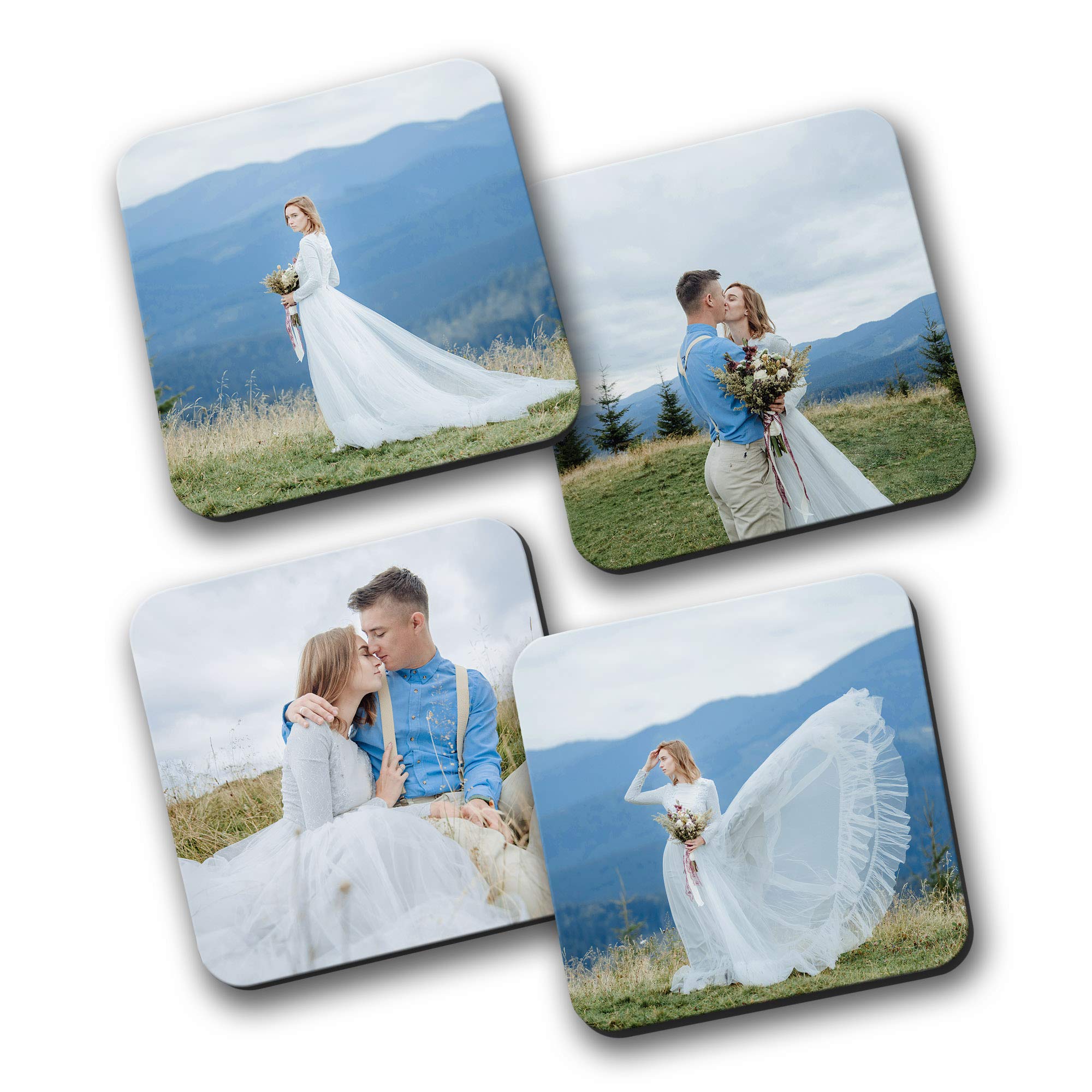 Custom Photo Coaster Set of 4 - Personalized Glossy Hardboard Drink Coasters with 4 Different Images - Unique Birthday Gift & Home Decor for Coffee Tables, Bars, and Office Desks