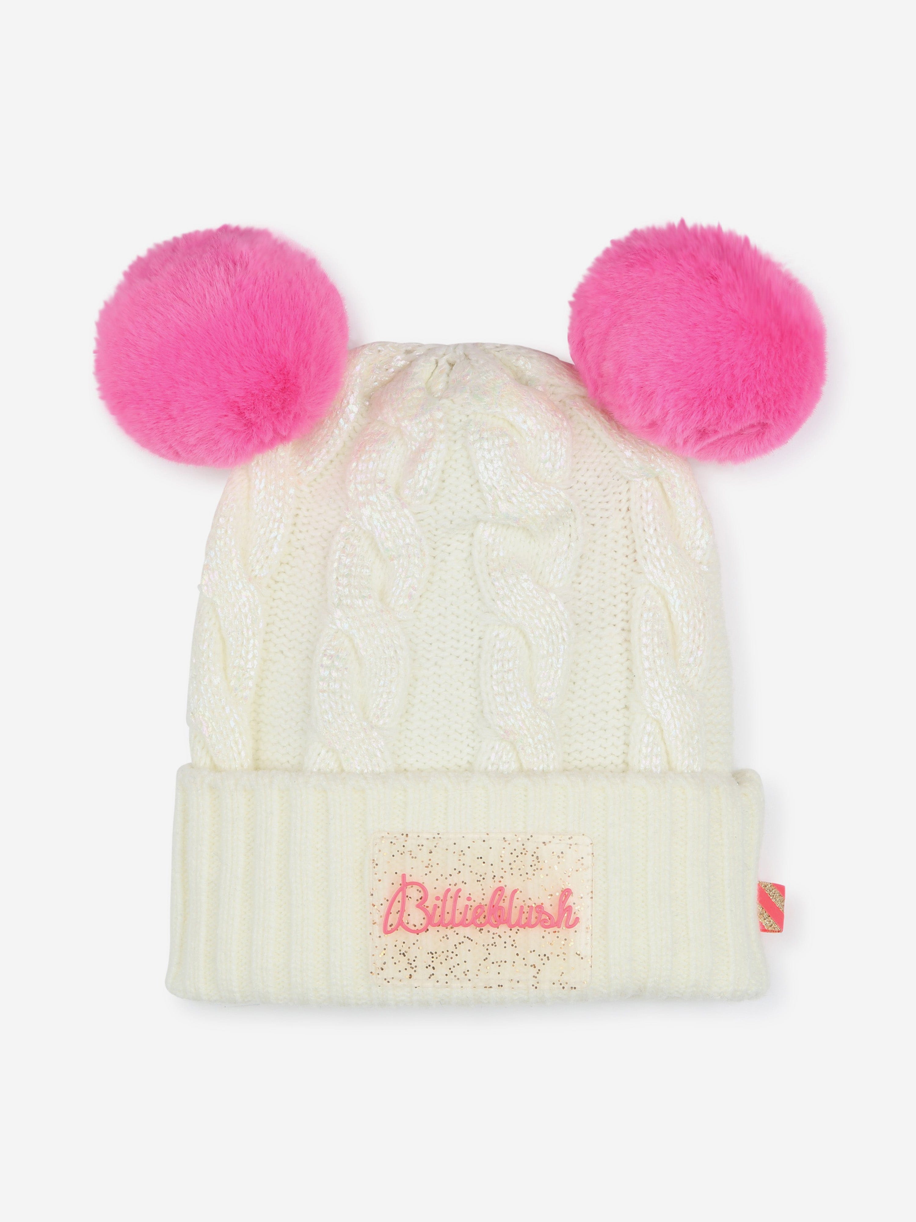 Billieblush Girls Double Pom Pom Beanie Hat - Ivory Winter Knit Hat for Kids - Warm & Stylish for Snow Days & Outdoor Play