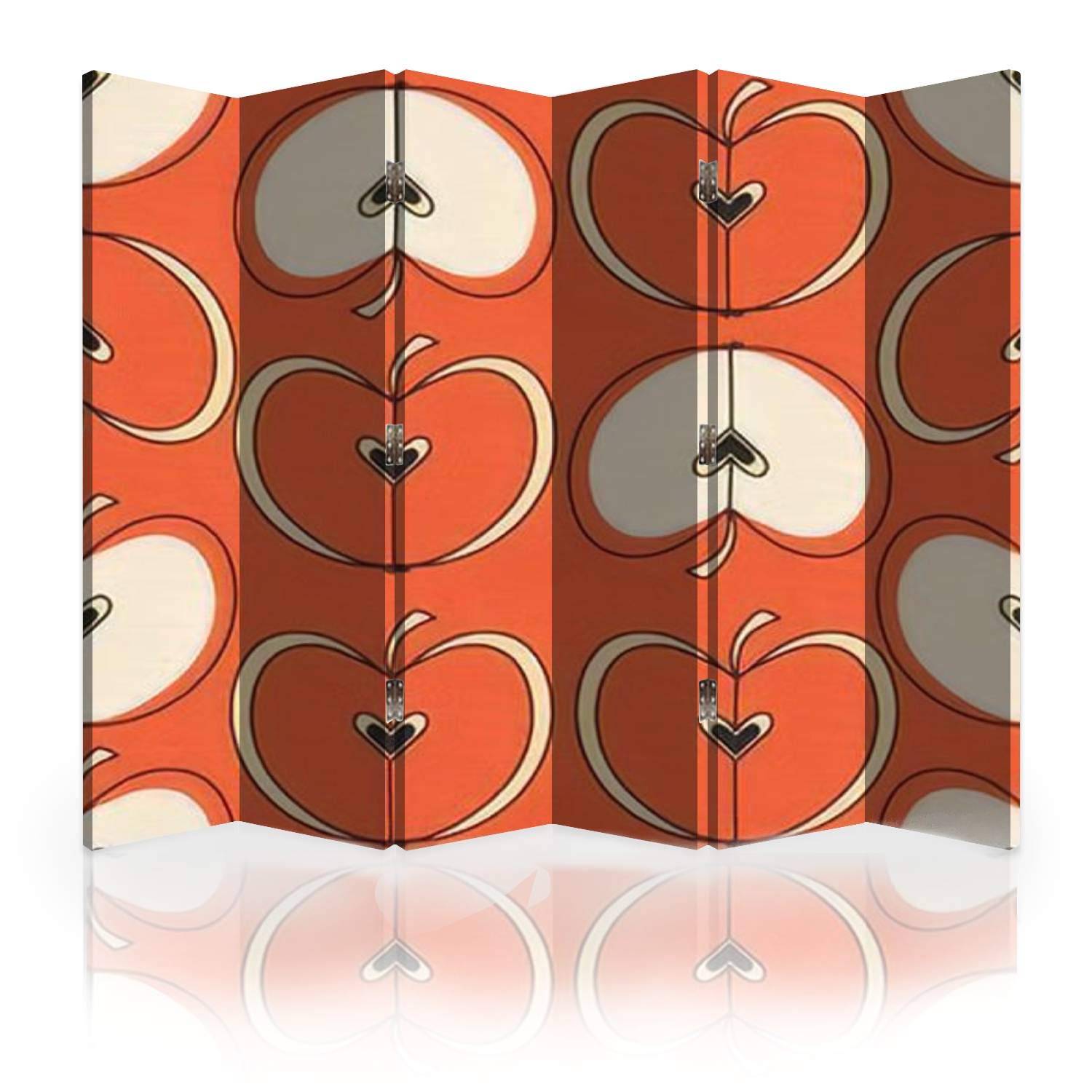 Vintage Mid-Century Canvas Room Divider Screen with Red Apple Pattern - 6 Panel Folding Privacy Partition for Living Room, Bedroom & Office