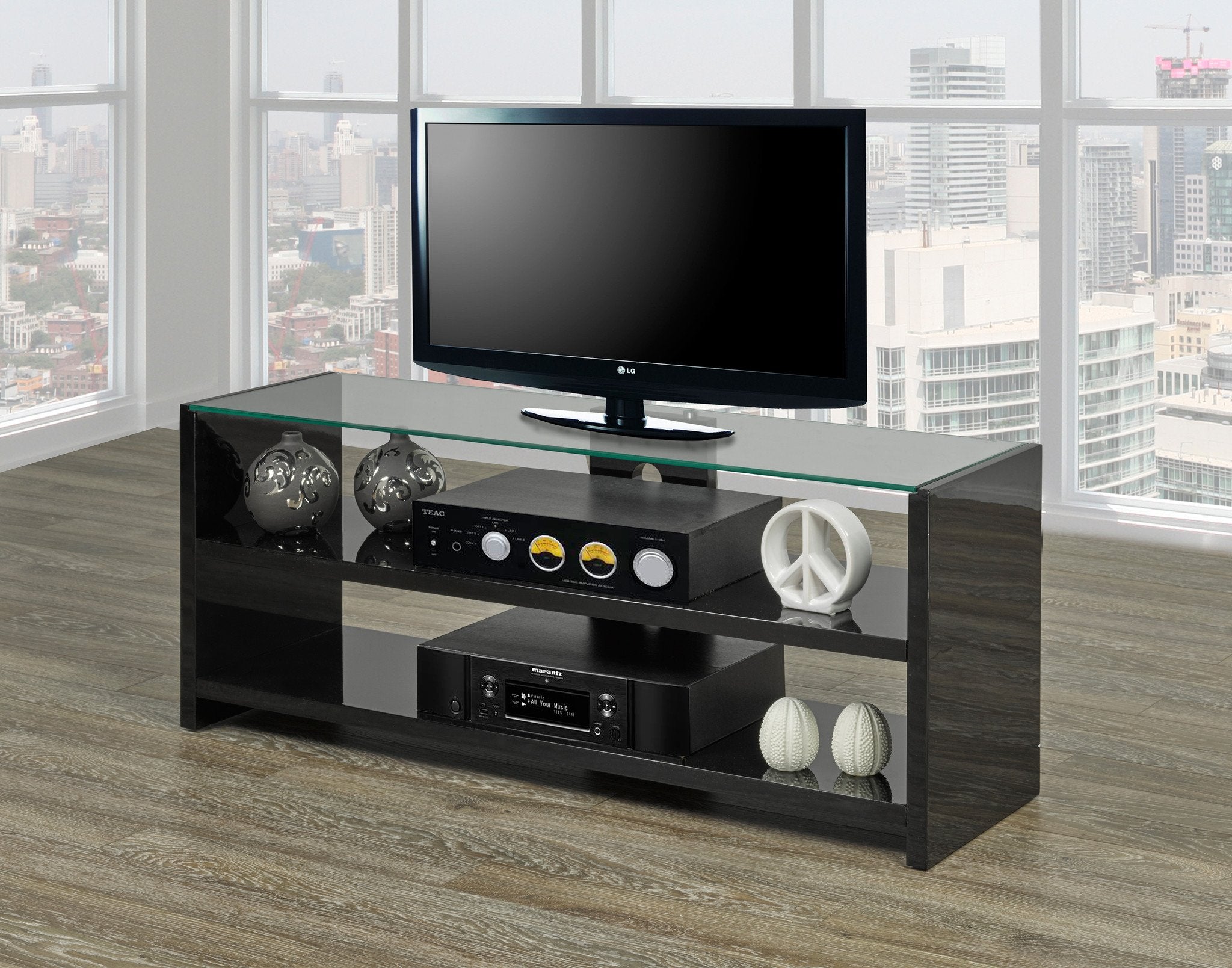 Modern Black High Gloss TV Stand with Tempered Glass Top - Stylish Entertainment Center for Living Room, Bedroom & Home Theater Setup