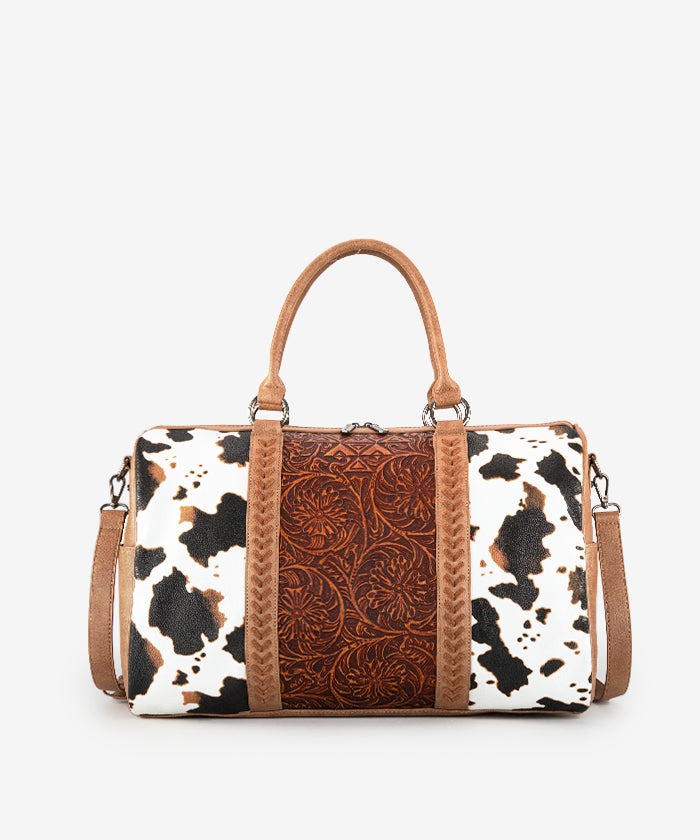 Montana West Floral Tooled Cow Print Duffle Bag - Stylish Travel & Gym Bag for Women, Perfect for Weekend Getaways & Workouts