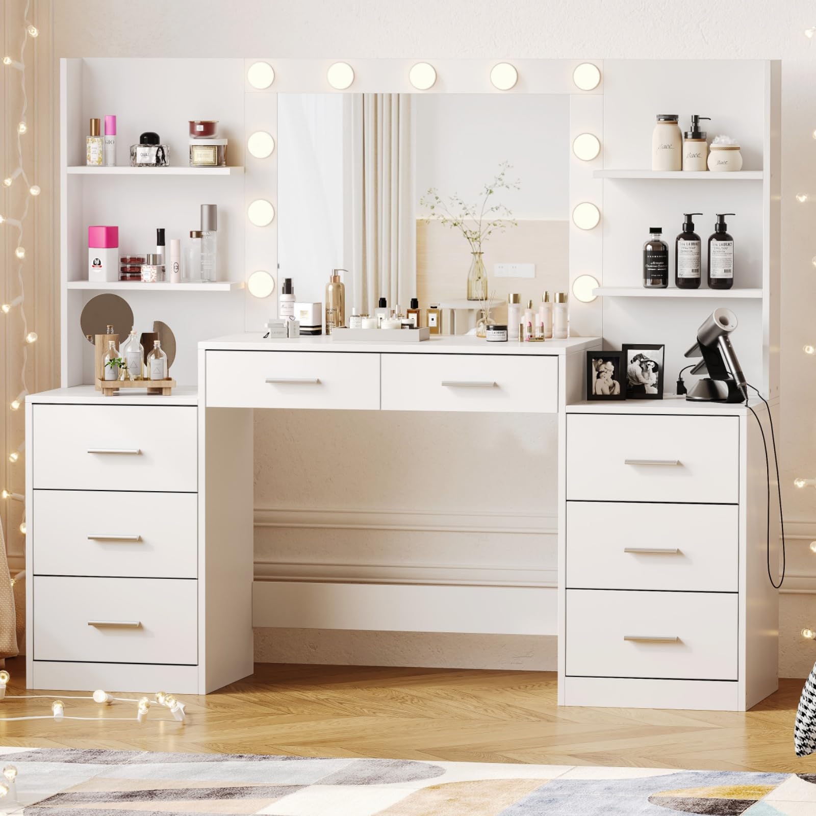 Irontar 61.9 Inch LED Makeup Vanity Desk with Mirror, 3 Lighting Modes & USB Charging Station - Large Dressing Table with Drawers & Open Shelves, White - Perfect for Bedroom, Dorm Room & Beauty Salon Makeup Organization