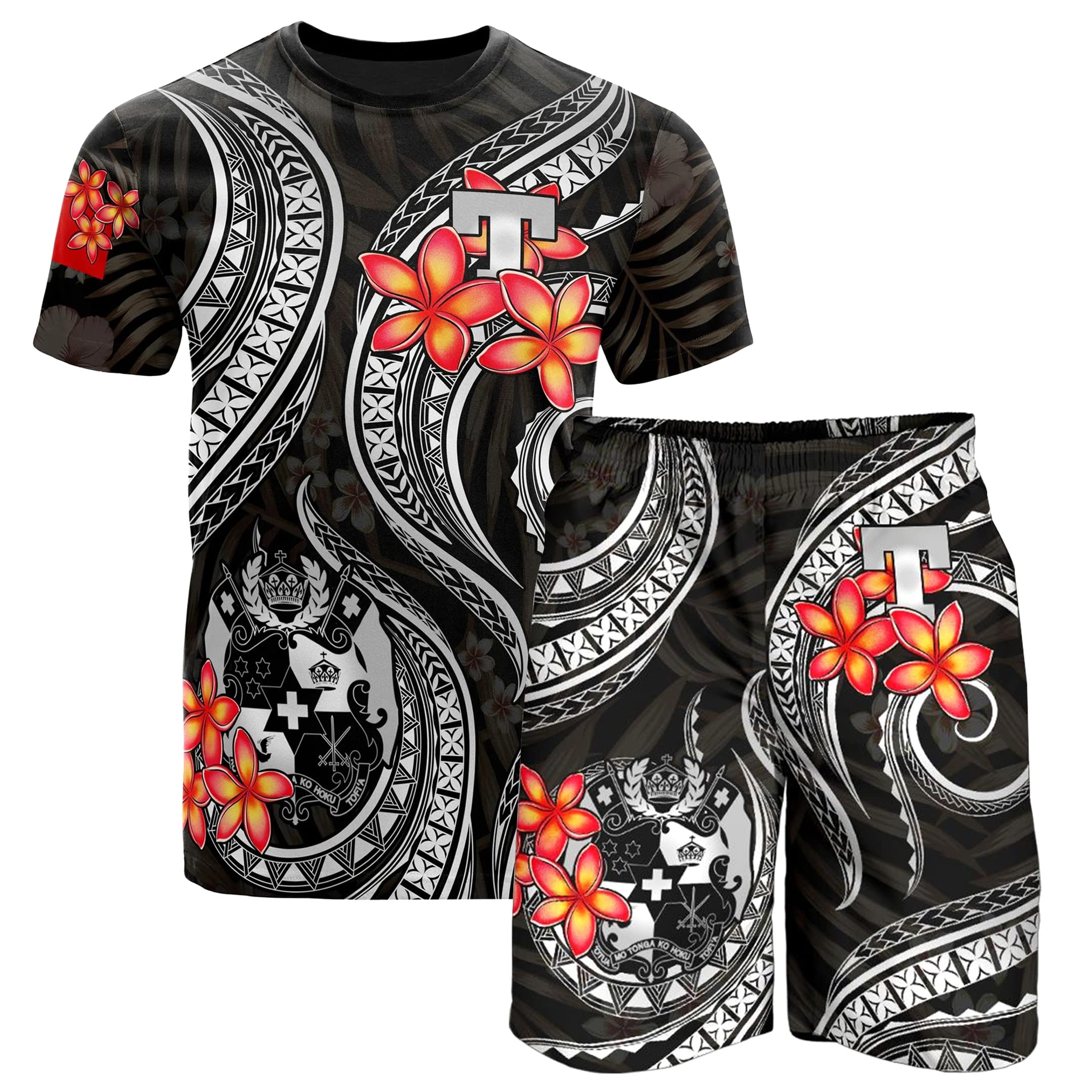 Men's Summer Shorts Set with Tonga Polynesian Tribal Print Shirts - 7 Inch Inseam Stretch Comfort Shorts for Beach, Vacation & Casual Wear