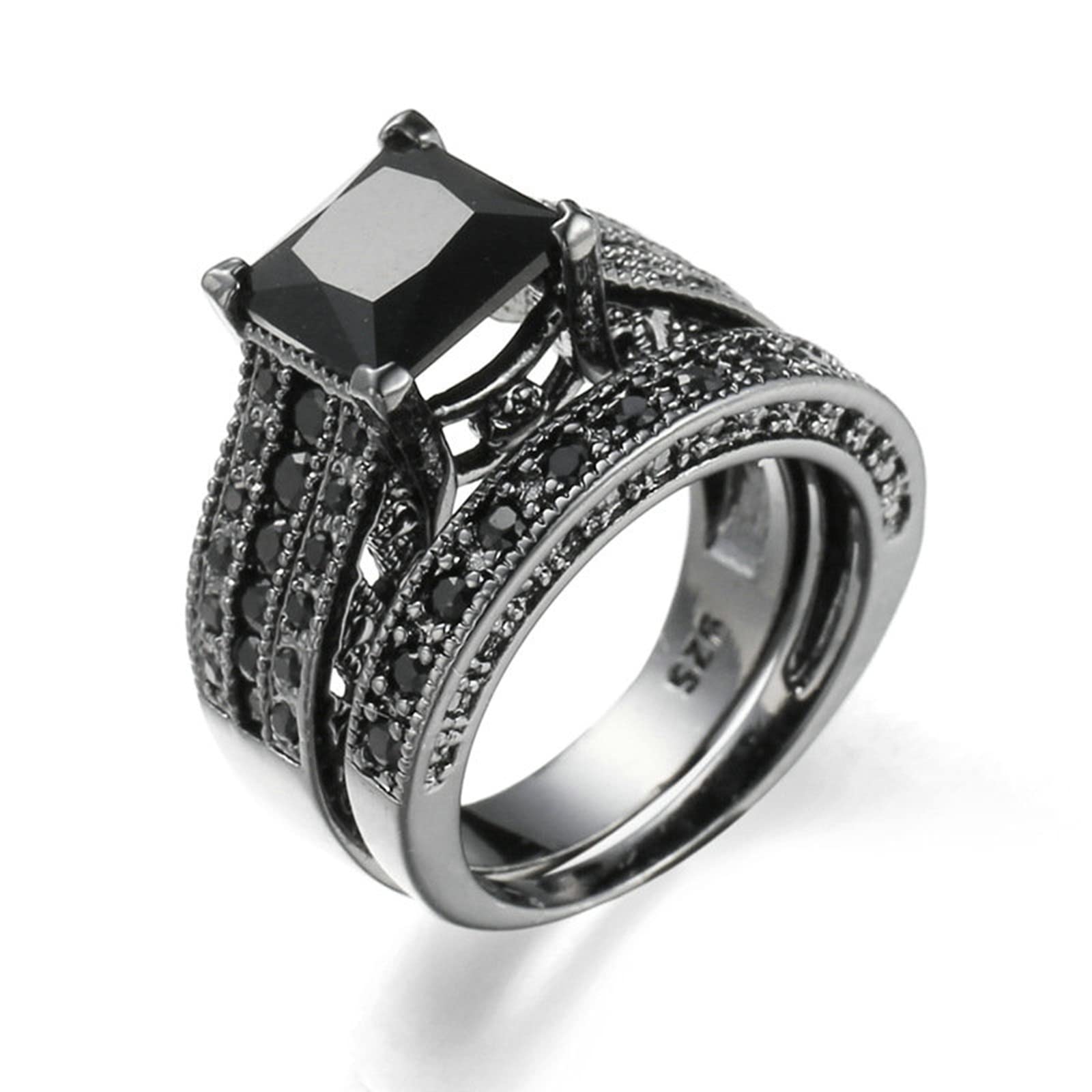 14K Gold Plated Princess Cut Black Zirconia Ring Set - Elegant Wedding & Engagement Rings for Women, Perfect for Proposals, Anniversaries & Special Occasions