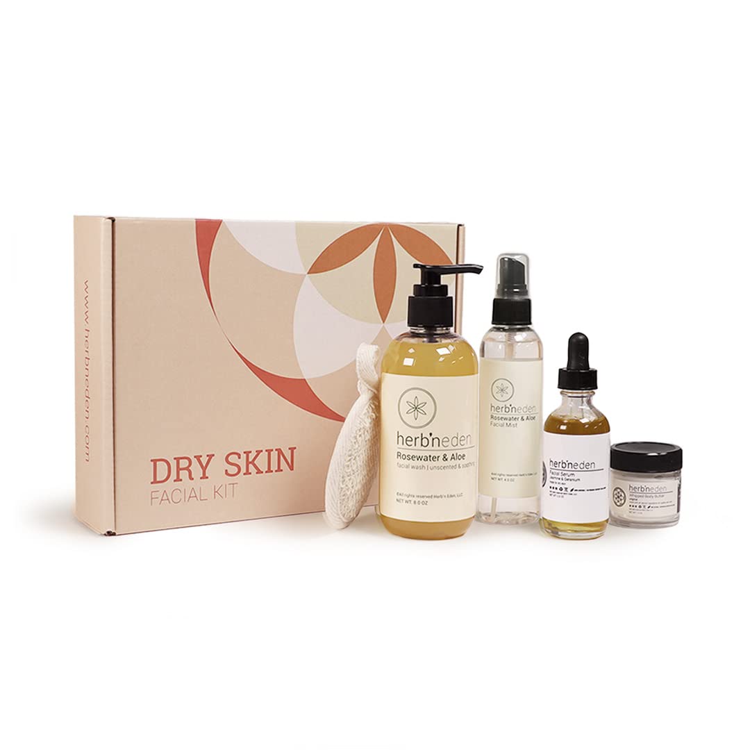 Herb’N Eden Dry Skin Facial Kit - 5 Piece Set with Cleanser, Face Mist, Serum, Body Butter & Sisal Sponge - Natural Skincare for Dry Skin with Essential Oils - Made in USA - Perfect for Daily Hydration & Nourishment at Home or Travel