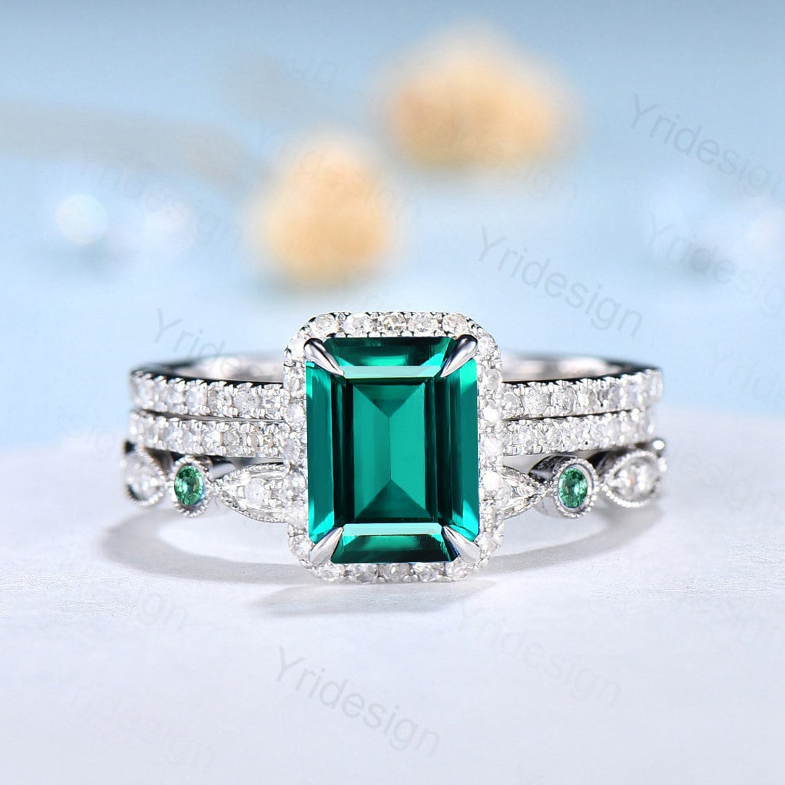 2CT Emerald Cut Emerald & Halo Diamond Engagement Ring Set in Solid White Gold - Wedding, Anniversary, Promise Ring for Bridal Gifts & Special Occasions