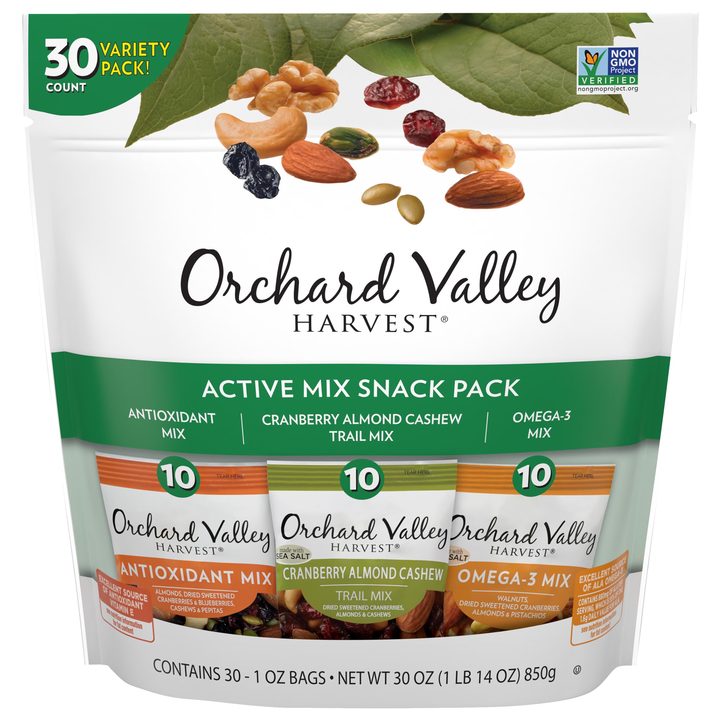 Orchard Valley Harvest Active Snack Pack Mix - 30 Count Variety Pack (1oz Bags) | Antioxidant Rich Trail Mix with Cranberries, Almonds & Cashews | High in Omega-3 | Gluten Free Healthy Snacks for Adults & Kids | Perfect for Hiking, Office Snacks & School Lunches