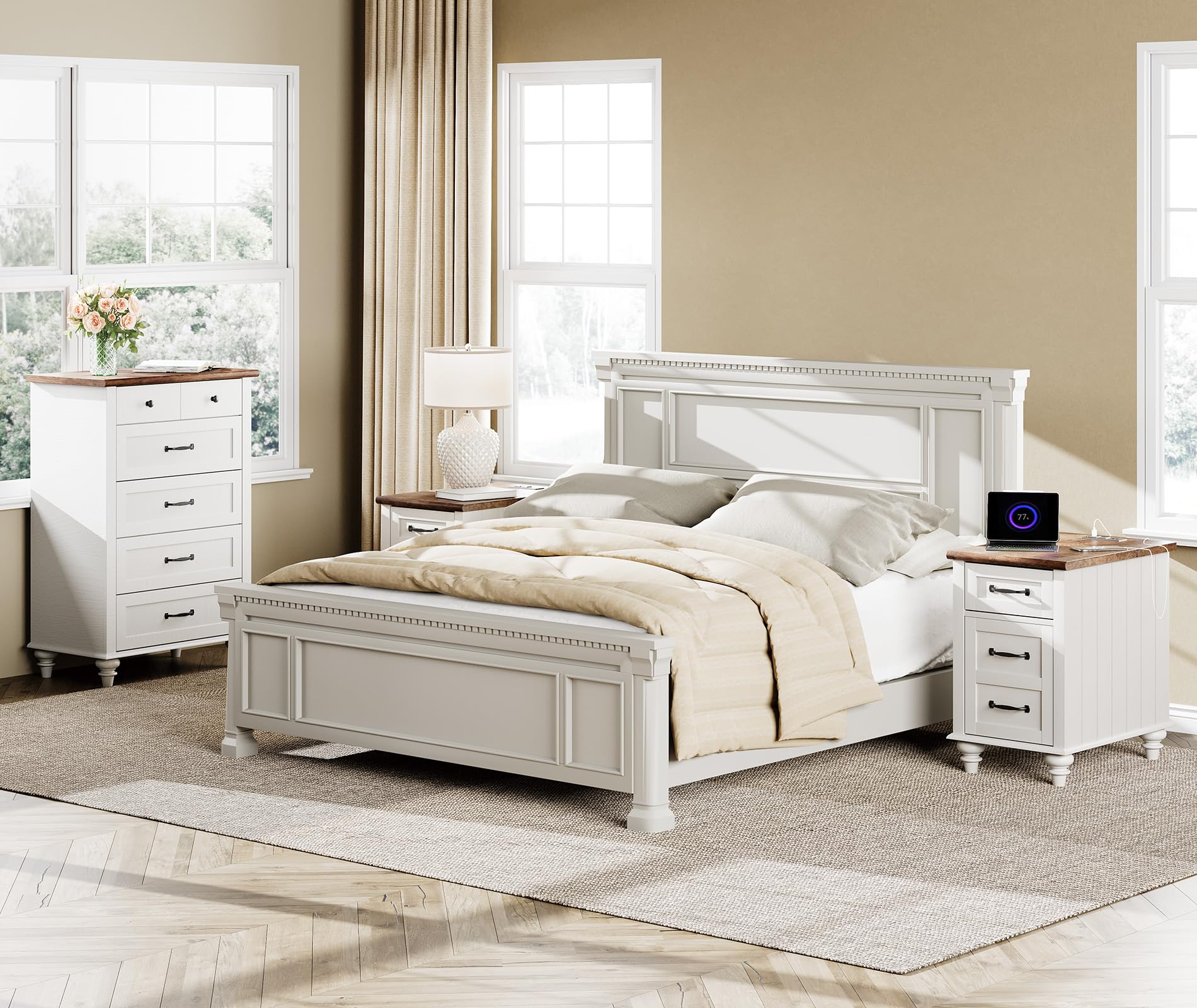 WAMPAT 2-Piece Bedroom Furniture Set - 5-Drawer Tall Dresser & Nightstand with USB Charging Station, Storage Cabinet - Modern Bedroom Dresser Set in Off White - Perfect for Small Spaces, Apartments & Guest Rooms