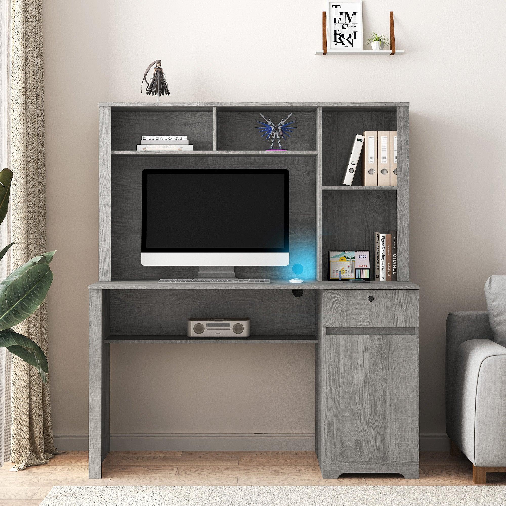 Wooden Computer Desk with Hutch & Bookshelf - Home Office Desk with Drawers, 3 AC Outlets & 2 USB Ports - Study & Writing Desk for Teens, Students & Professionals - Perfect for Small Spaces, Dorm Rooms & Home Offices
