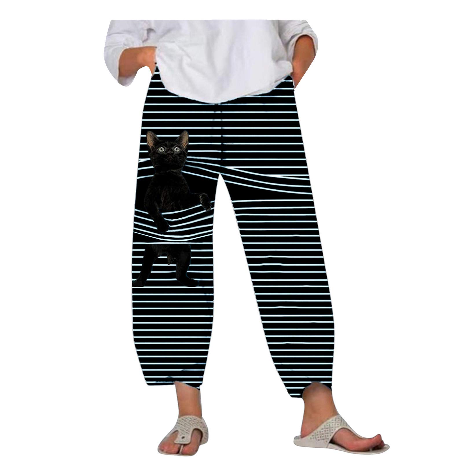Women's Stretchy Elastic Waist Black Cat Dog Elephant Striped Pocket Jogger Pants - Soft Loose Lounge Pants with 3D Animal Print - Perfect for Yoga, Running, Gym & Casual Wear