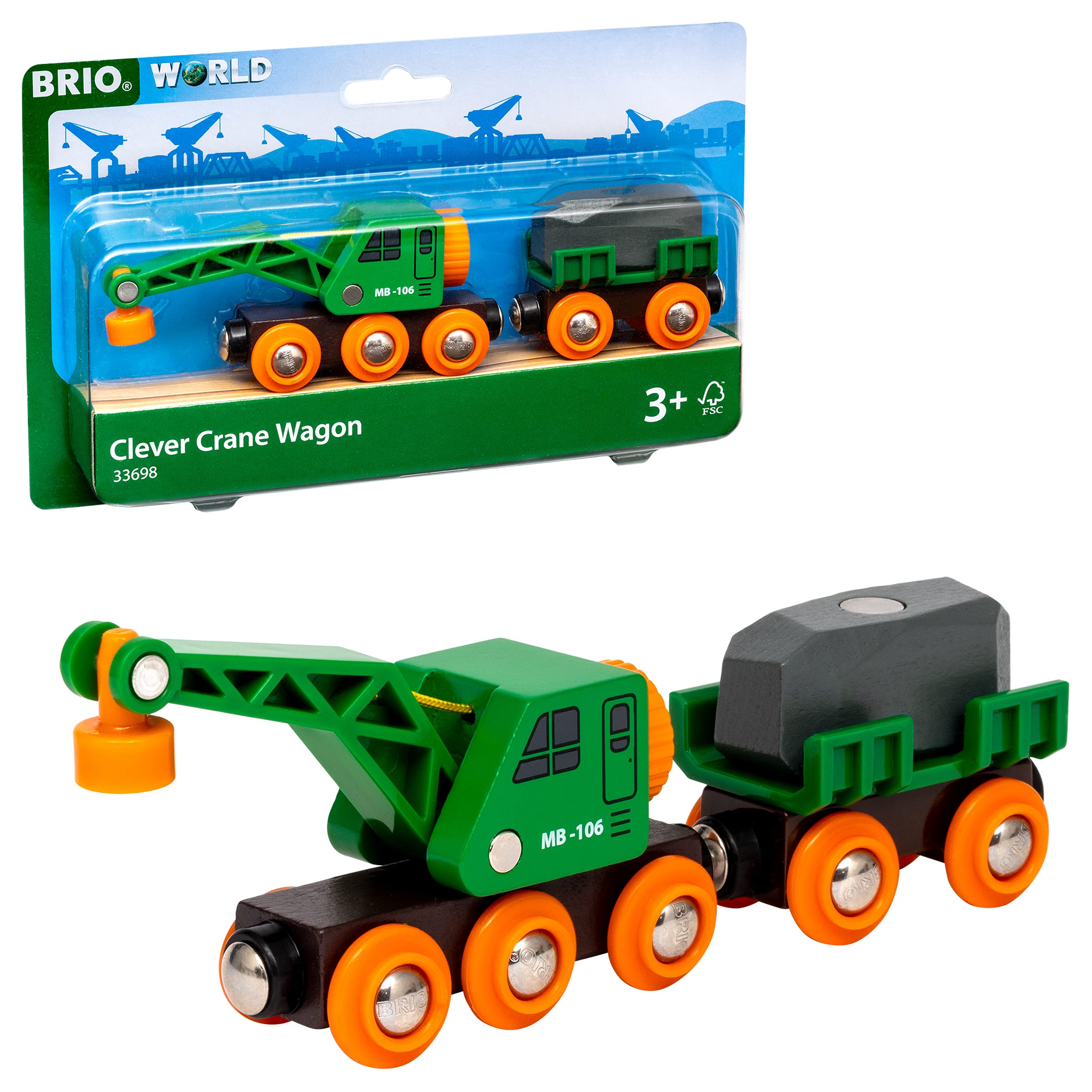 BRIO World 33698 Clever Crane Wagon Set - 4 Piece Wooden Train Toy with Crane for Kids Ages 3+ | Perfect for Imaginative Play, Train Tracks & Preschool Learning Activities