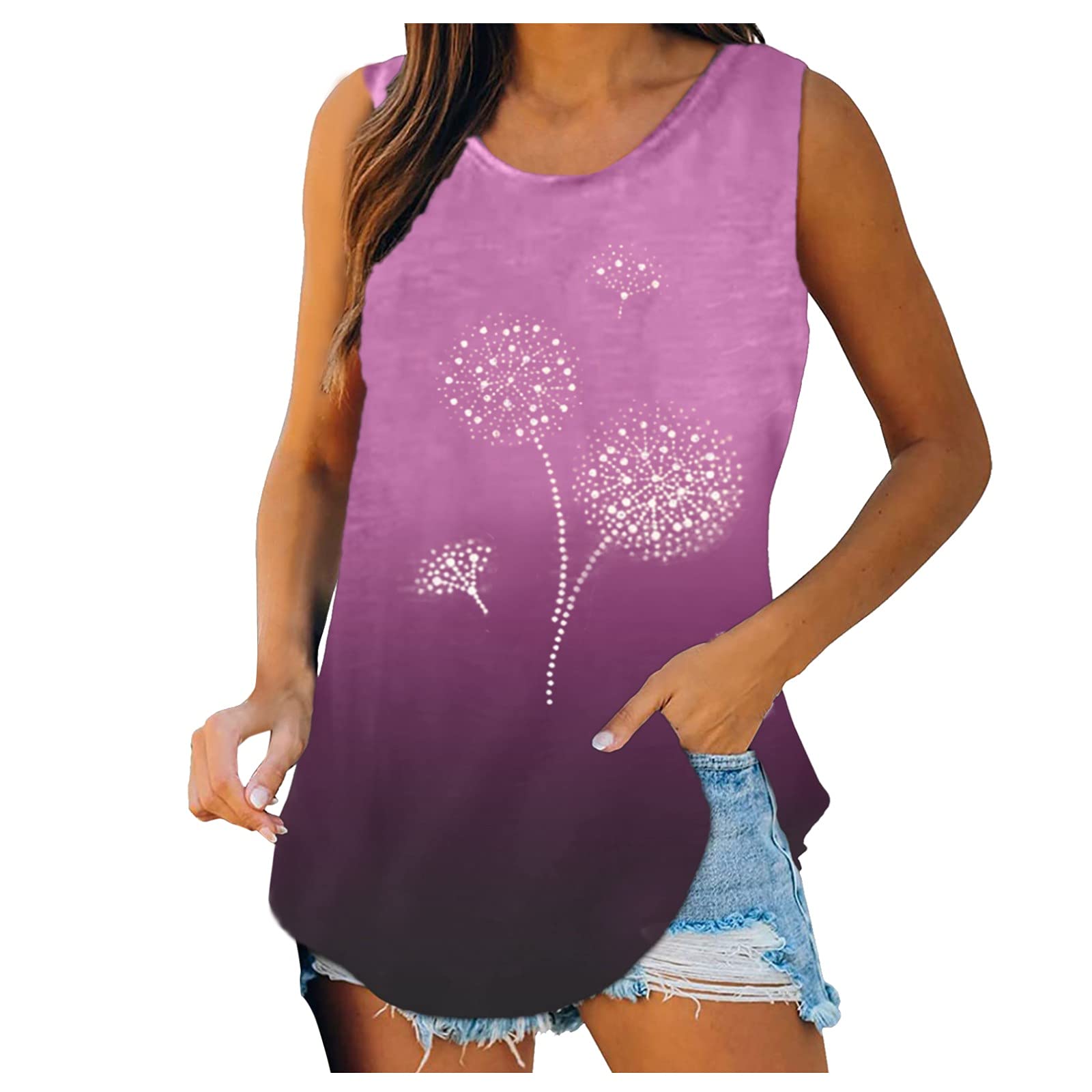 Qopobobo Women's Sleeveless Tank Tops - Summer Dandelion Printed Yoga Shirts & Gym Wear - Breathable Workout Tops for Yoga, Running & Casual Outfits