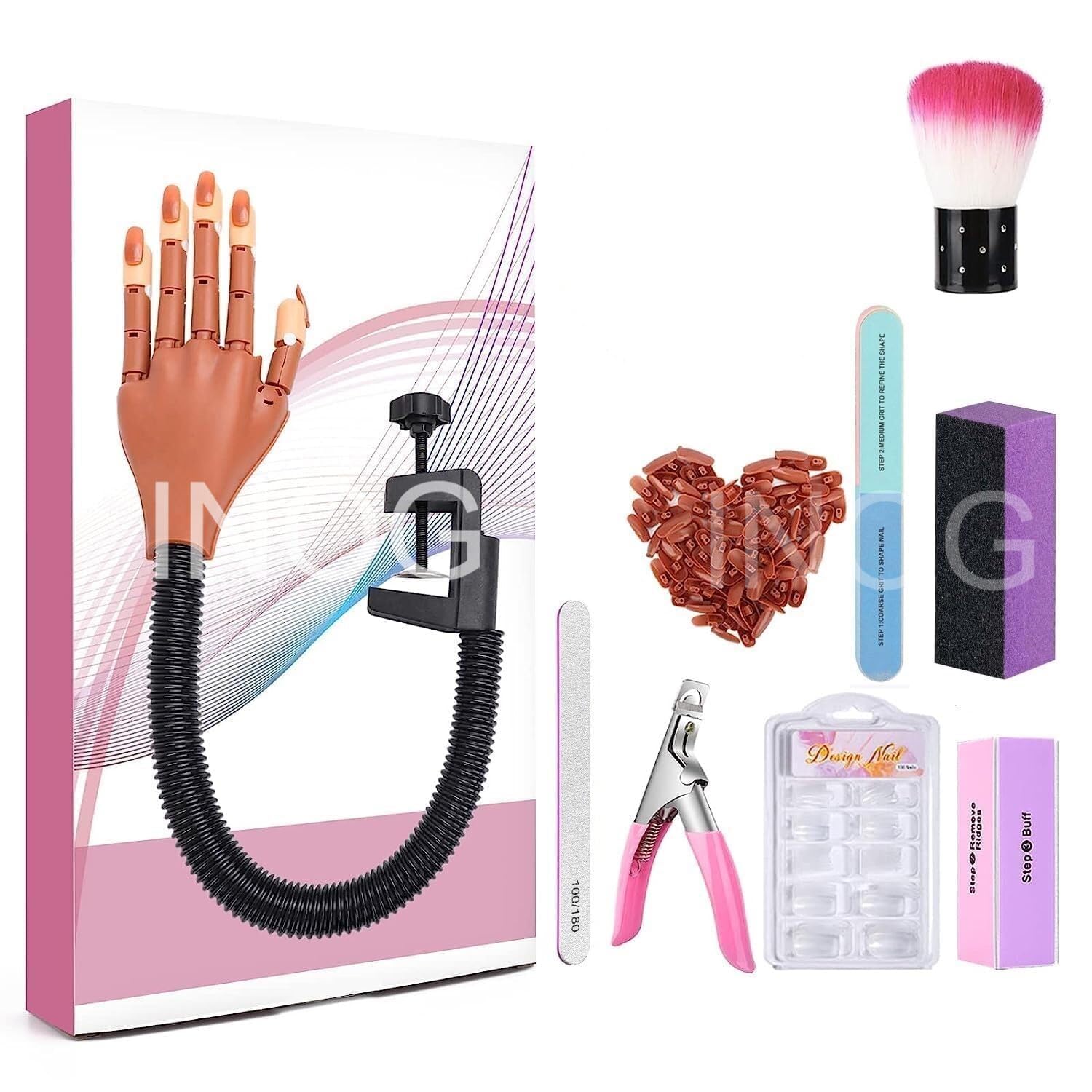 Professional Acrylic Nail Practice Hand Kit - Flexible Mannequin Hand with 200 Nail Tips, File, Buffer, Brush & Clipper - Perfect for Nail Art Training, Salon Practice & DIY Nail Design at Home