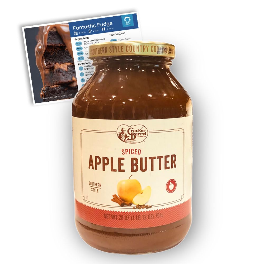 Spiced Apple Butter Bundle - Cracker Barrel Spiced Apple Butter (28 oz) with Olbos Recipe Card | Cinnamon & Clove Flavored Spread for Toast, Pancakes & Baking | Perfect Holiday Gift & Breakfast Topping