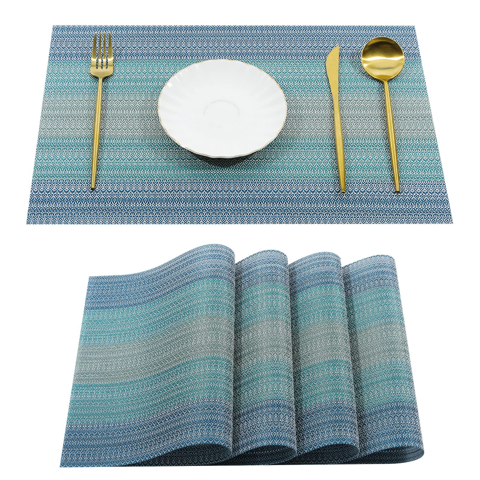 Premium Woven Vinyl Placemats Set of 4 - Heat Resistant & Washable Table Mats for Indoor/Outdoor Dining - Blue Home Decor for Kitchen, Patio, and Kids Mealtime