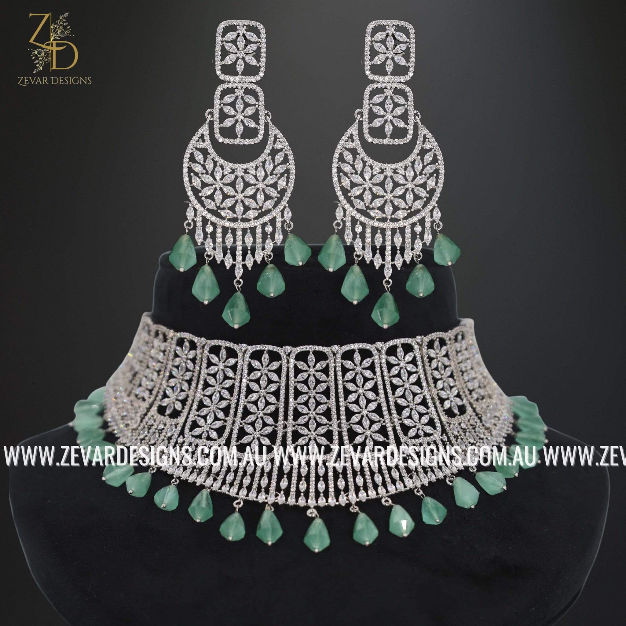Zircon Choker Necklace Set in Mint Green - Elegant Jewelry for Women, Perfect for Parties, Weddings & Special Occasions