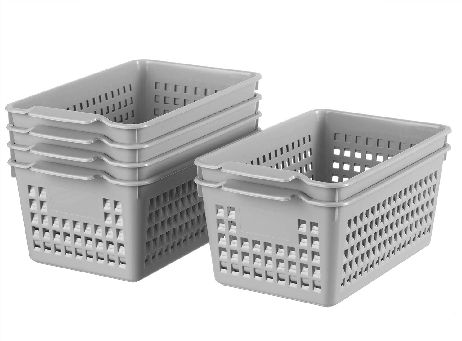6-Pack Gray Plastic Storage Baskets with Handles - Stackable Weave Organizer Trays for Home, Kitchen, Bathroom & Office | Perfect for Shelving, Countertops & Closet Organization
