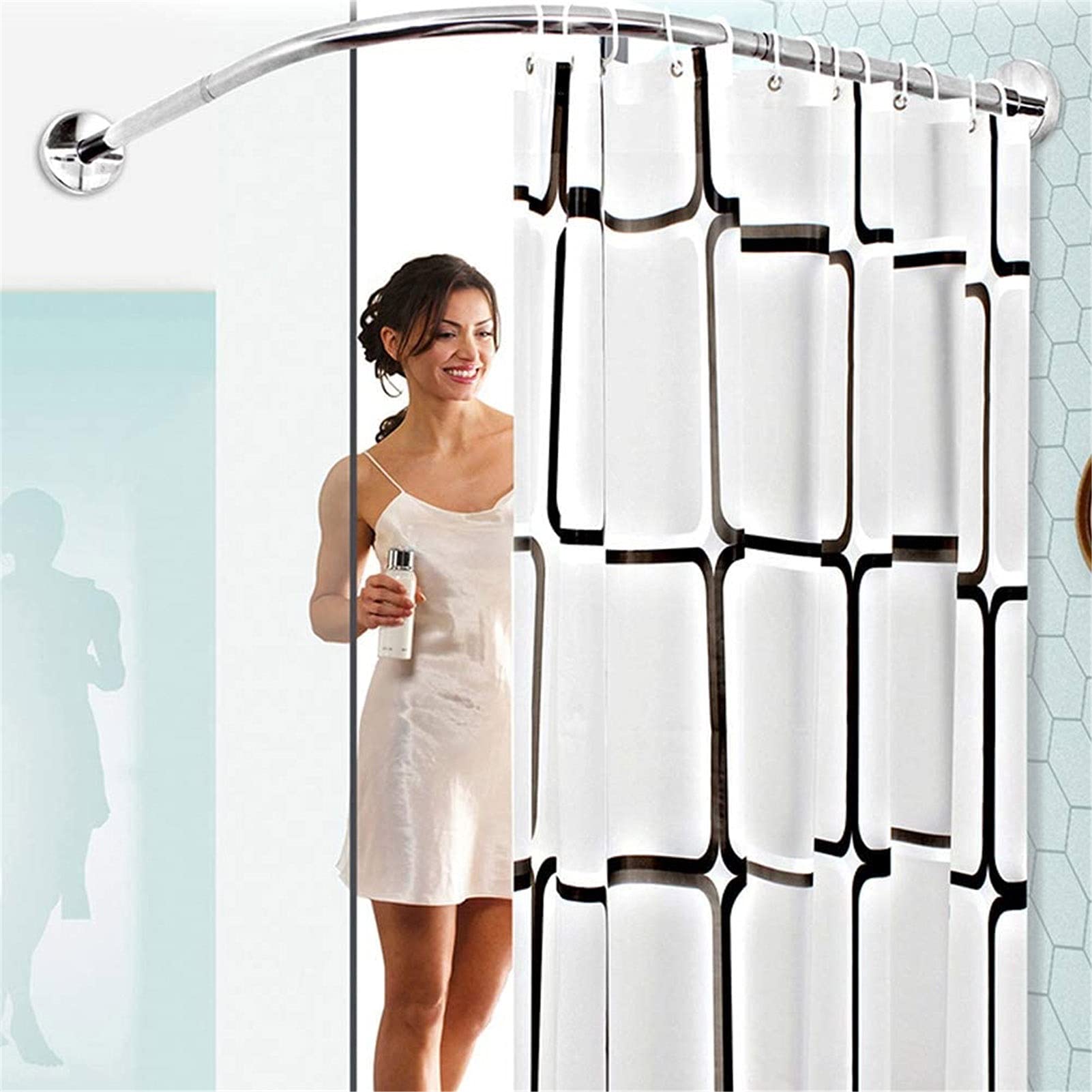 KXHWSH L-Shaped Curved Shower Curtain Rod - 304 Stainless Steel Adjustable Tension Bathtub Rail (70-95cm, 4 Sizes) - Includes Shower Curtain - Perfect for Corner Showers & Small Bathrooms