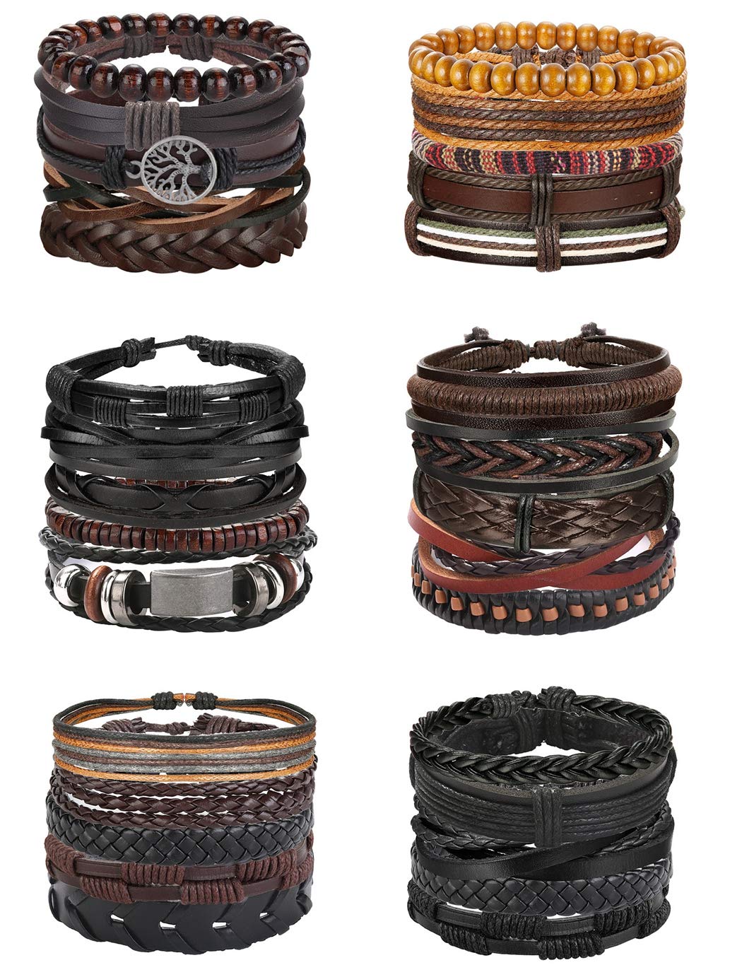 Florideco 30PCS Braided Leather Bracelets for Men & Women - Adjustable Wood Bead Wrap Bracelet Set, Woven Ethnic Tribal Rope Wristbands - Perfect for Boho Fashion, Gifts & Festival Accessories