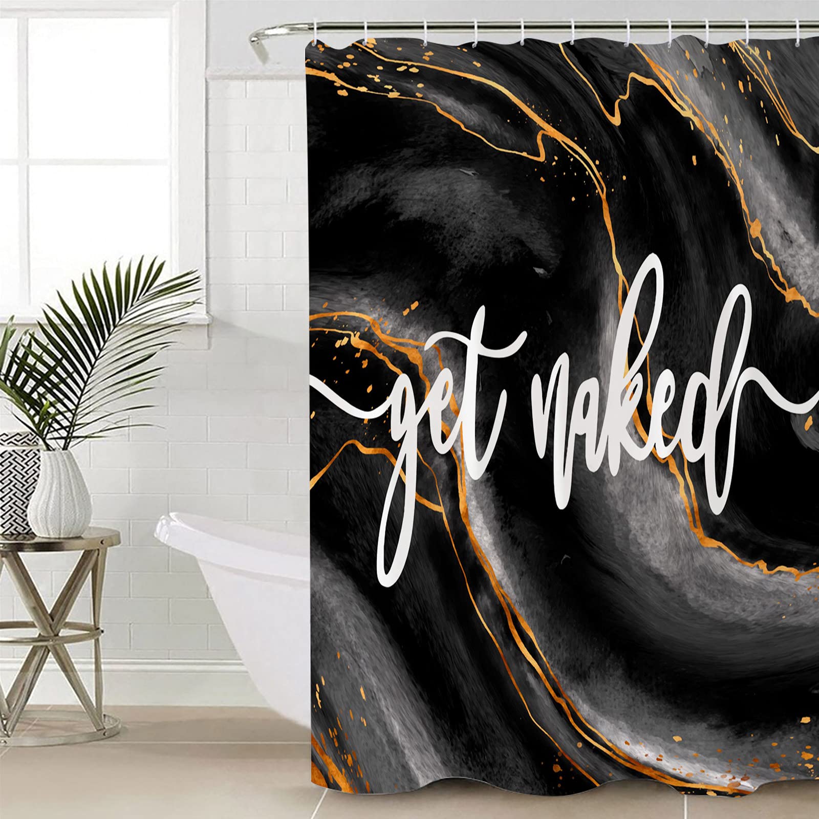 Anzona Abstract Art Waterproof Shower Curtain Set - 36 x 78 Inch Black Gold Marble Polyester Fabric Bathroom Curtain with 12 Hooks, Bathroom Decor - Perfect for Modern Bathrooms & Spa-Like Showers
