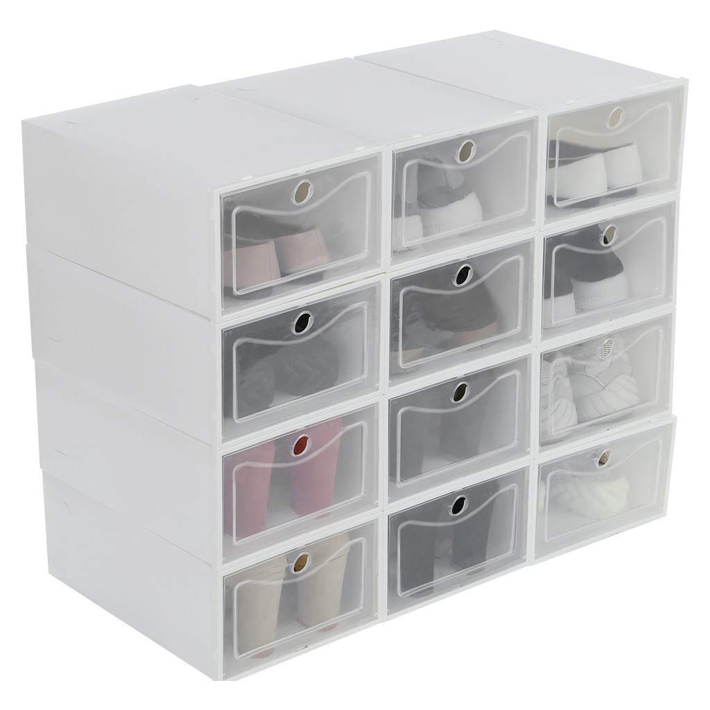 12-Pack Foldable Plastic Shoe Storage Boxes - Clear Stackable Organizer for Sneakers, Boots & Sandals | Space-Saving Shoe Closet & Underbed Storage Solution (White) | Fast U.S. Shipping