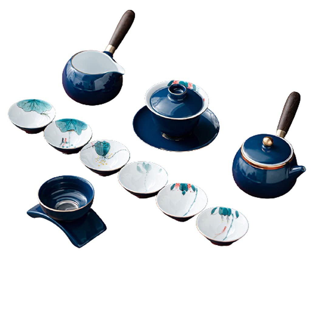 Handmade Ceramic Tea Set - Blue Hand-painted Porcelain Kung Fu Tea Set with Teapot & Cups - Traditional Chinese Tea Ceremony Set for Tea Lovers - Perfect for Home Tea Parties, Gifts & Meditation (Tureen+Teapot, Hat Cup Size)
