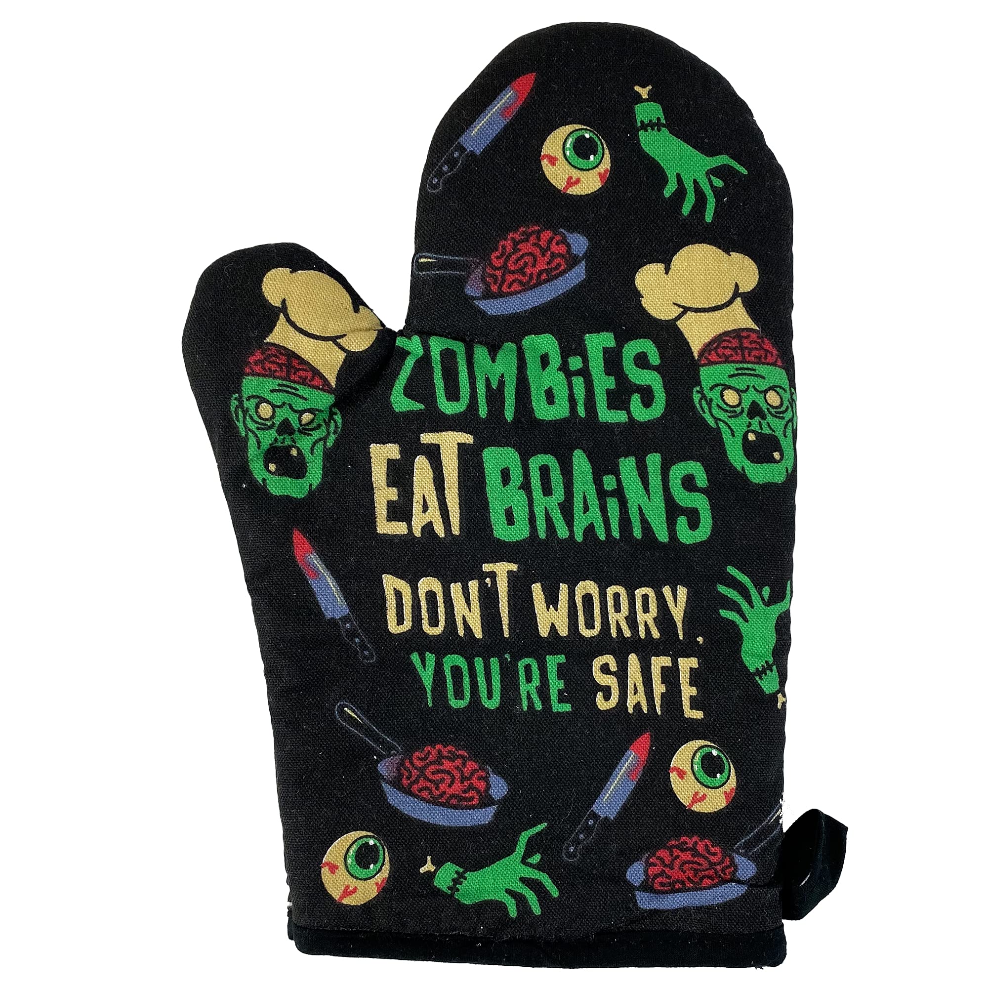 Funny Zombie Oven Mitt - 'Zombies Eat Brains Don't Worry You're Safe' Graphic Kitchen Glove | Sarcastic Halloween Gift, Undead Themed Cooking Accessory for Baking, BBQ & Halloween Parties
