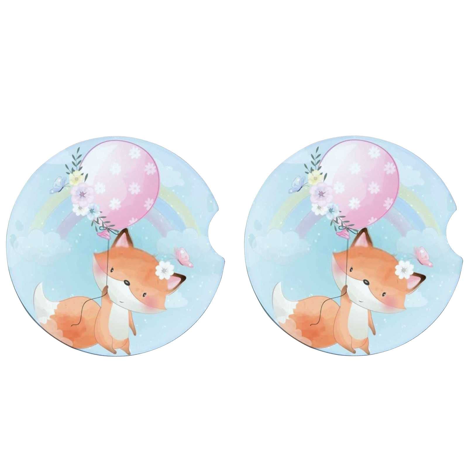 4 Pack Absorbent Ceramic Car Coasters for Cup Holders - Cute Fox with Balloon Design, 2.56 Inch Cork Base Auto Accessories with Finger Notch for Easy Removal (Set of 2) - Perfect for Cars, Trucks, SUVs & Office Desks